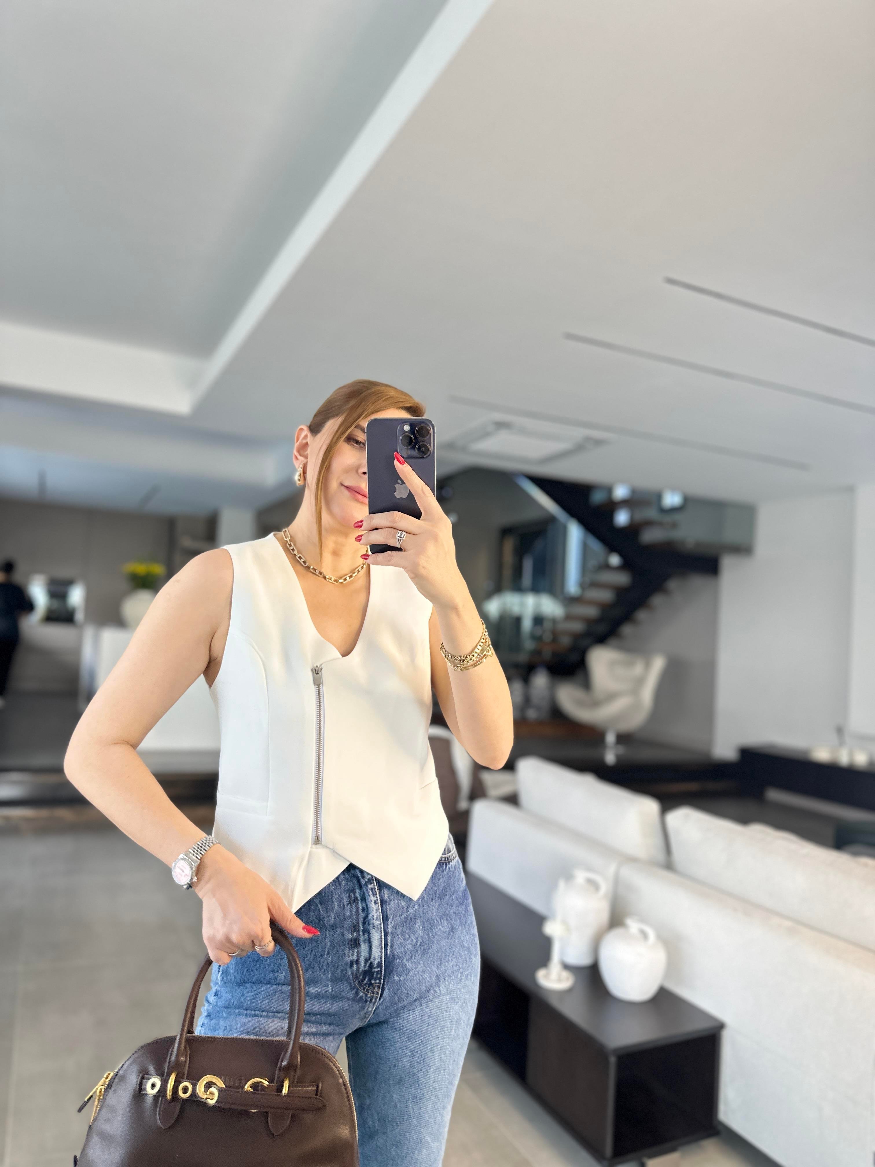 Fermuarlı Cep Görünümlü Blazer Yelek