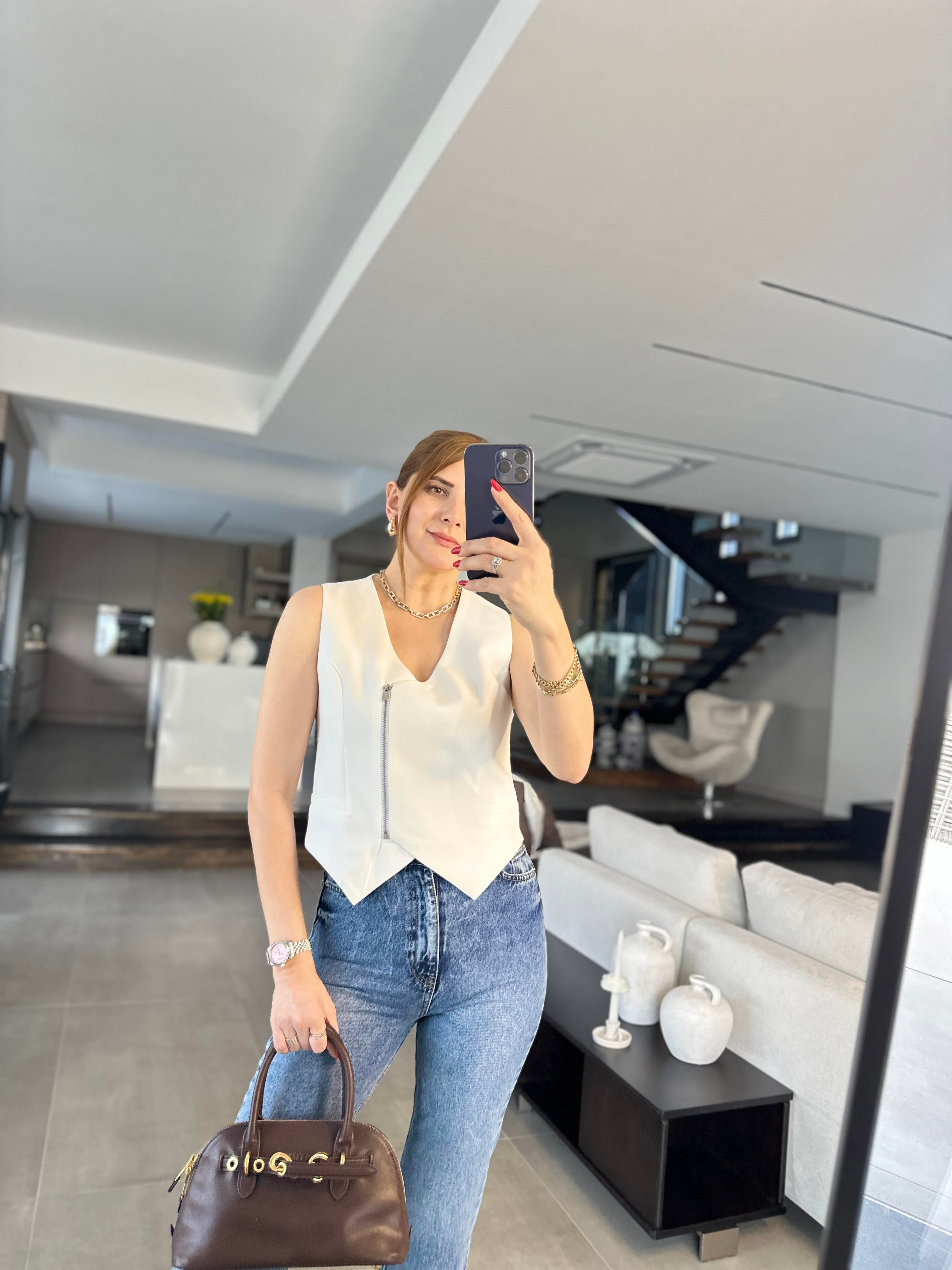 Fermuarlı Cep Görünümlü Blazer Yelek