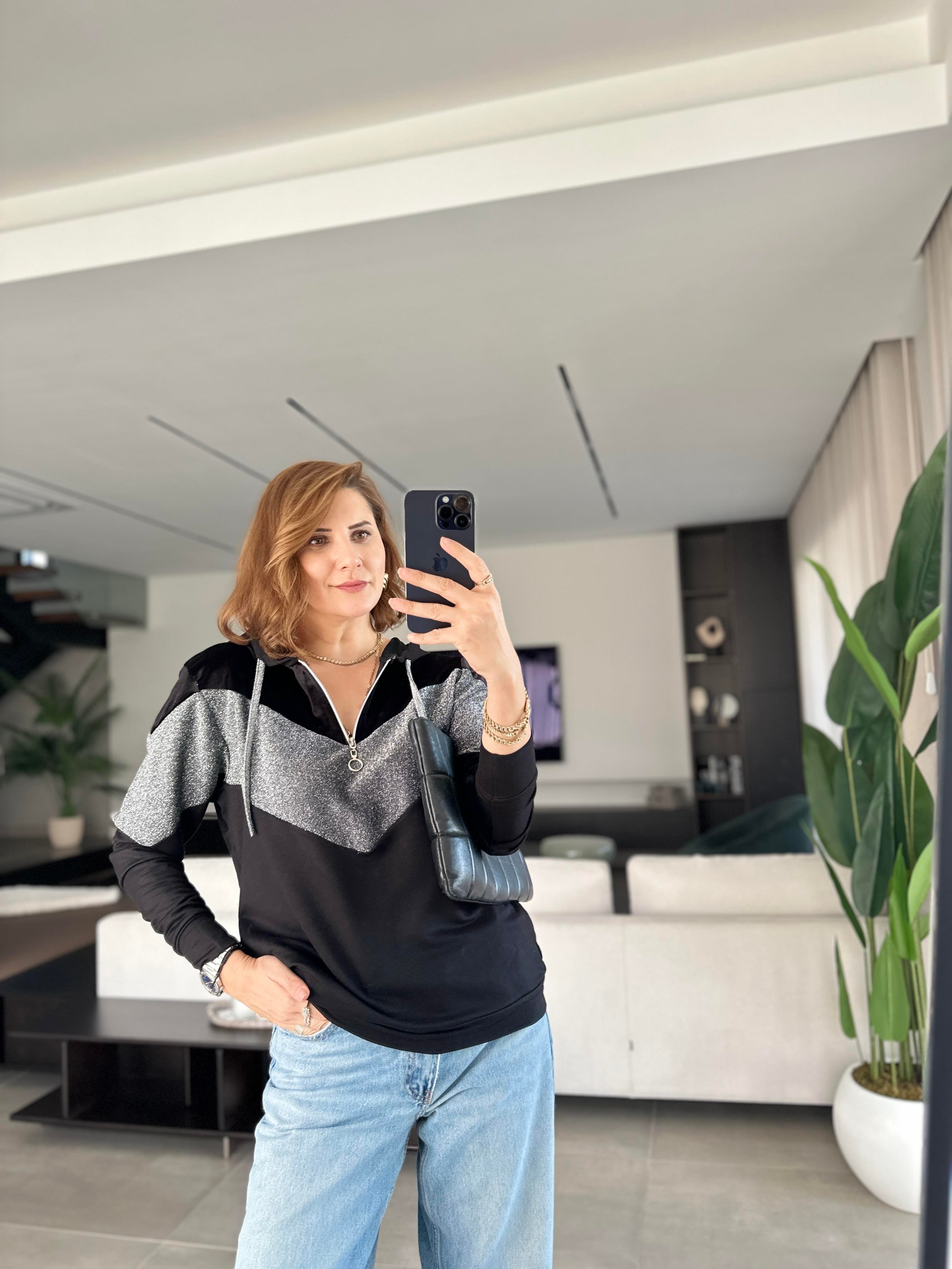 Fermuarlı Kapşonlu Sim Şerit Detaylı Sweat