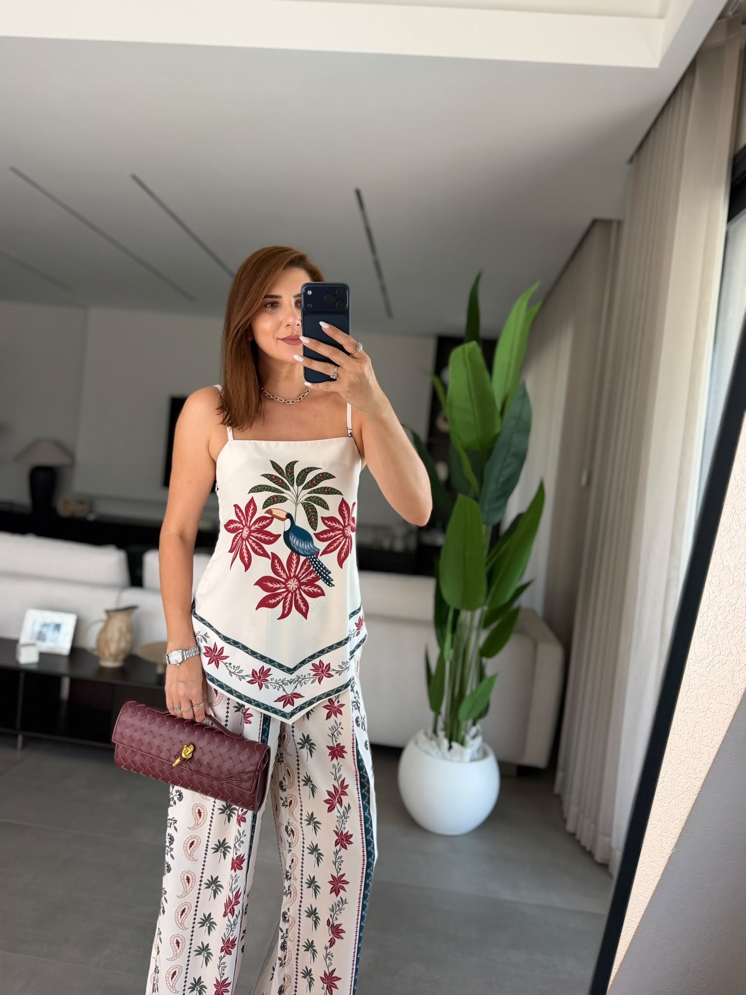 Flora Kuş Desenli Saten Takım