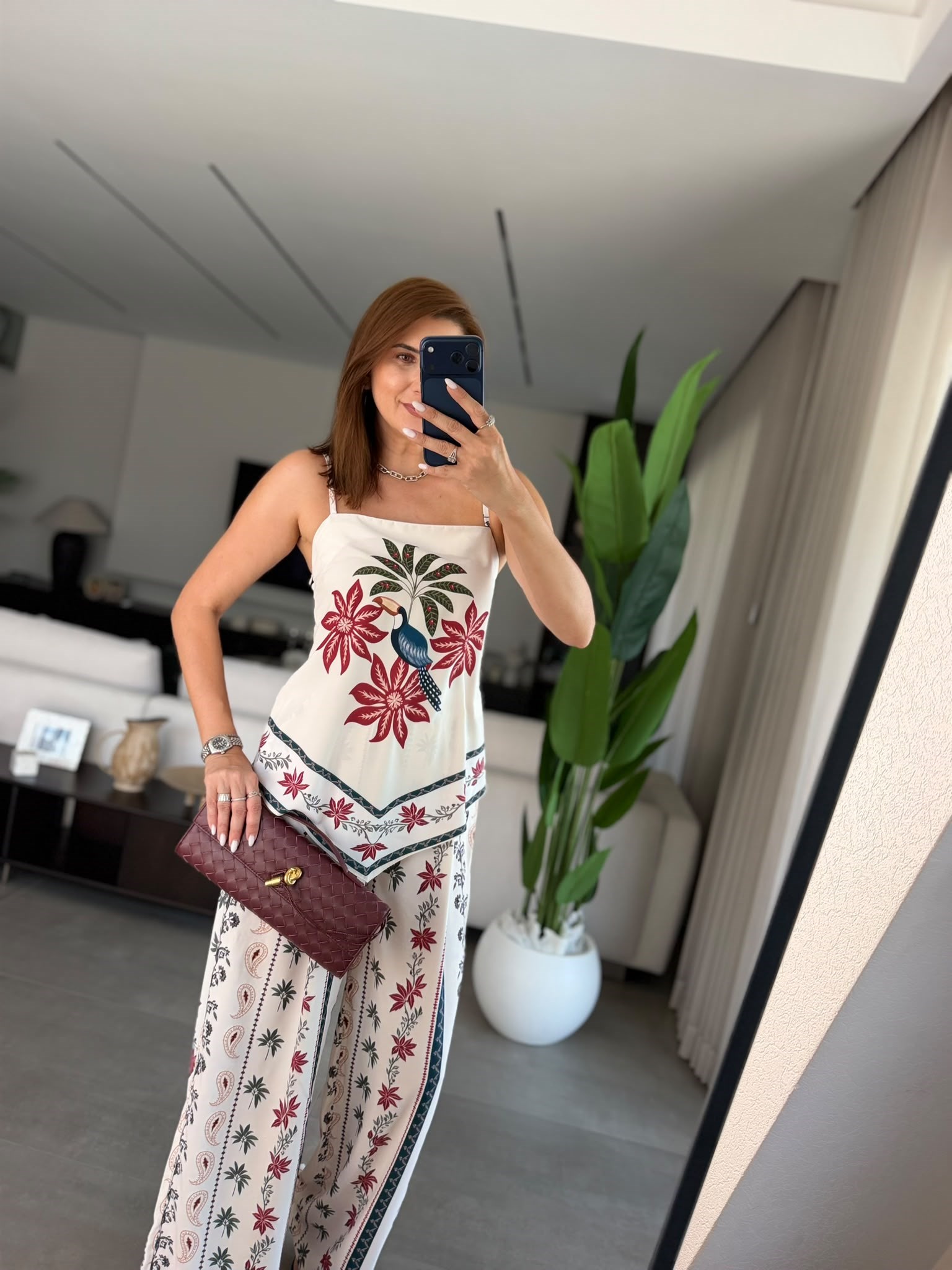 Flora Kuş Desenli Saten Takım