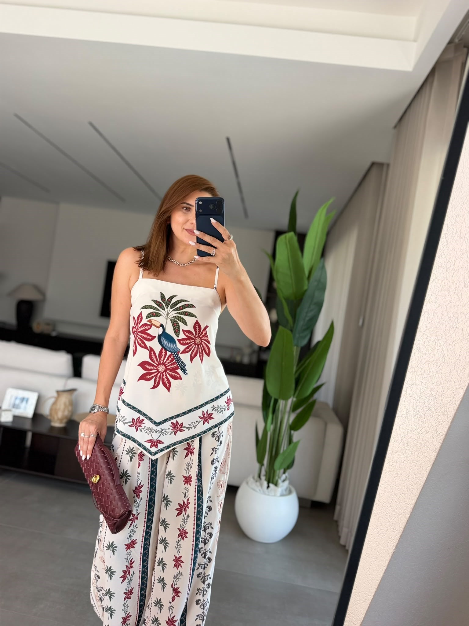 Flora Kuş Desenli Saten Takım