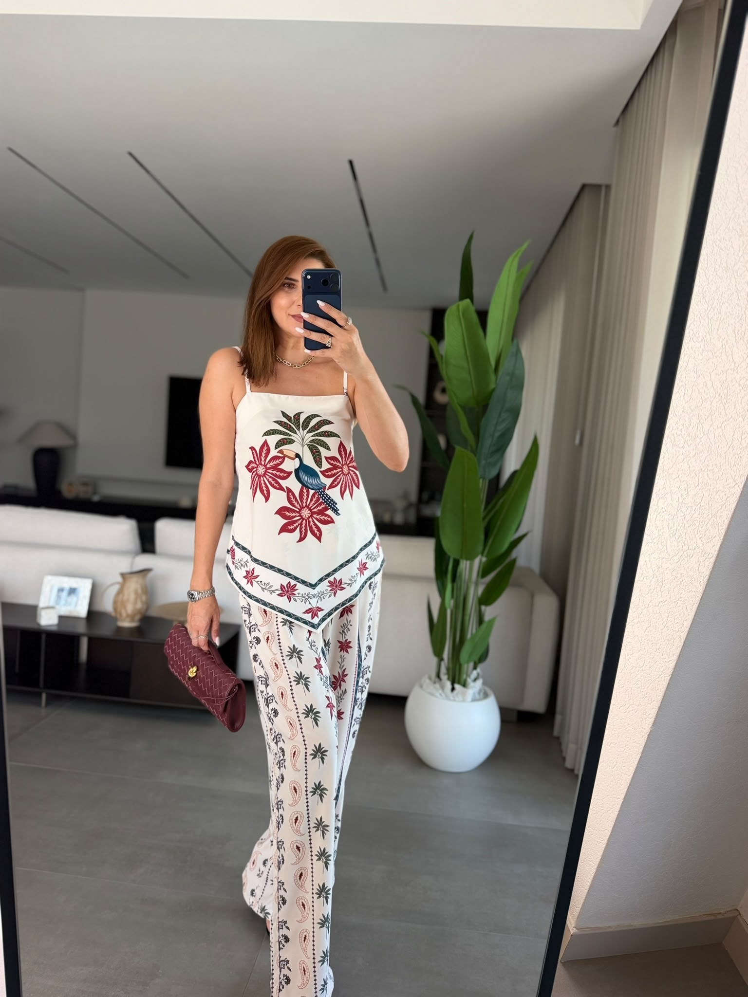 Flora Kuş Desenli Saten Takım