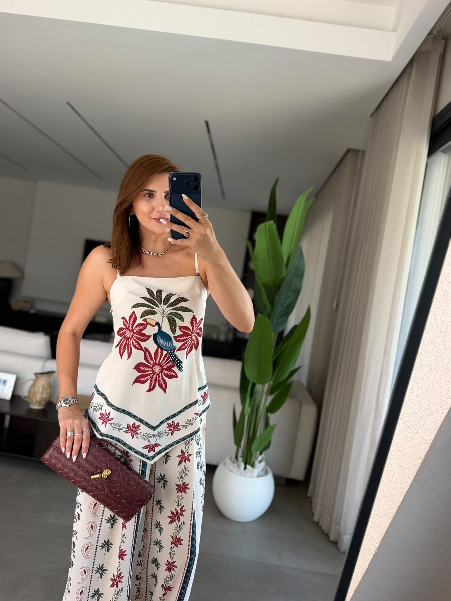 Flora Kuş Desenli Saten Takım