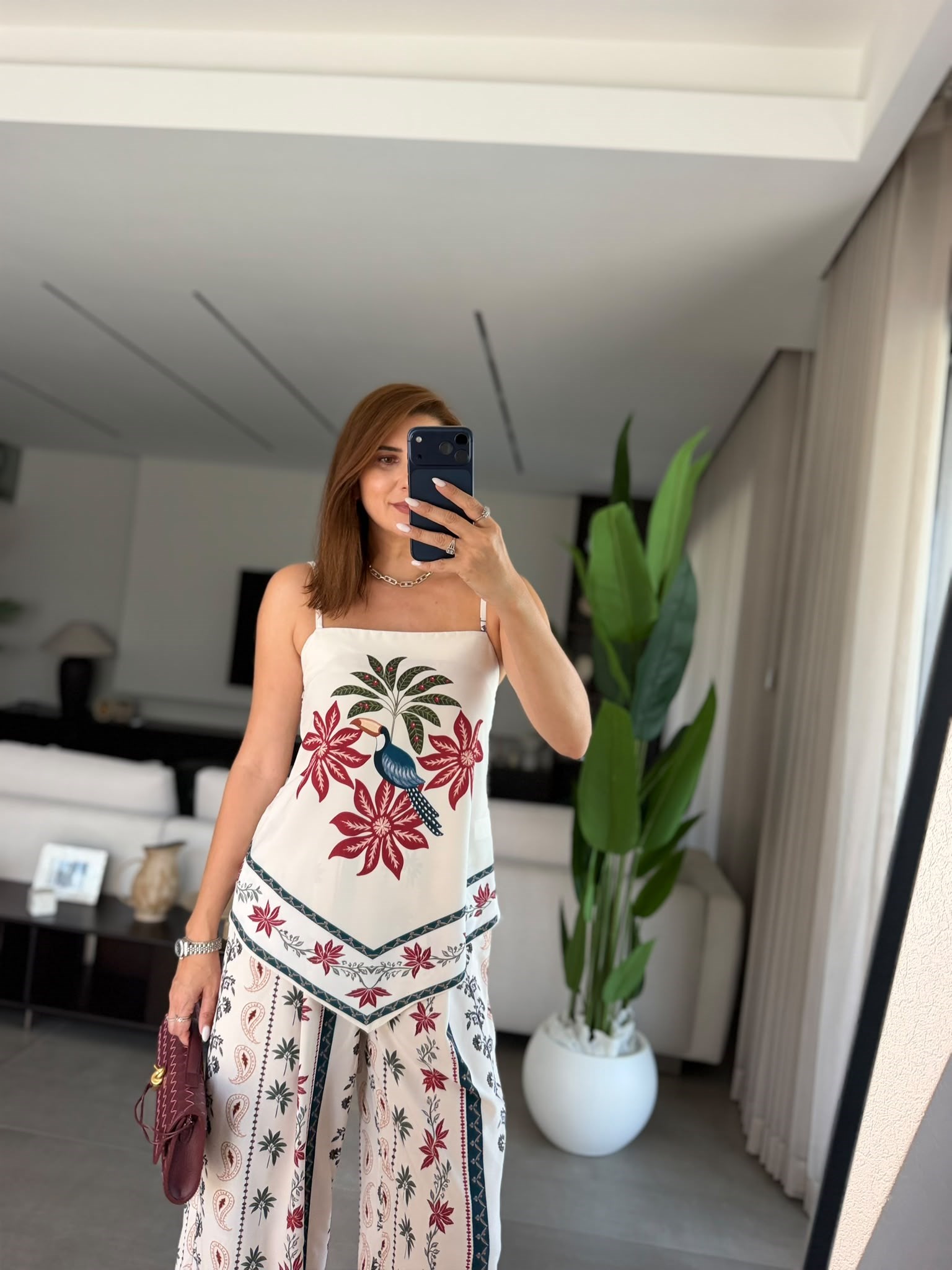 Flora Kuş Desenli Saten Takım