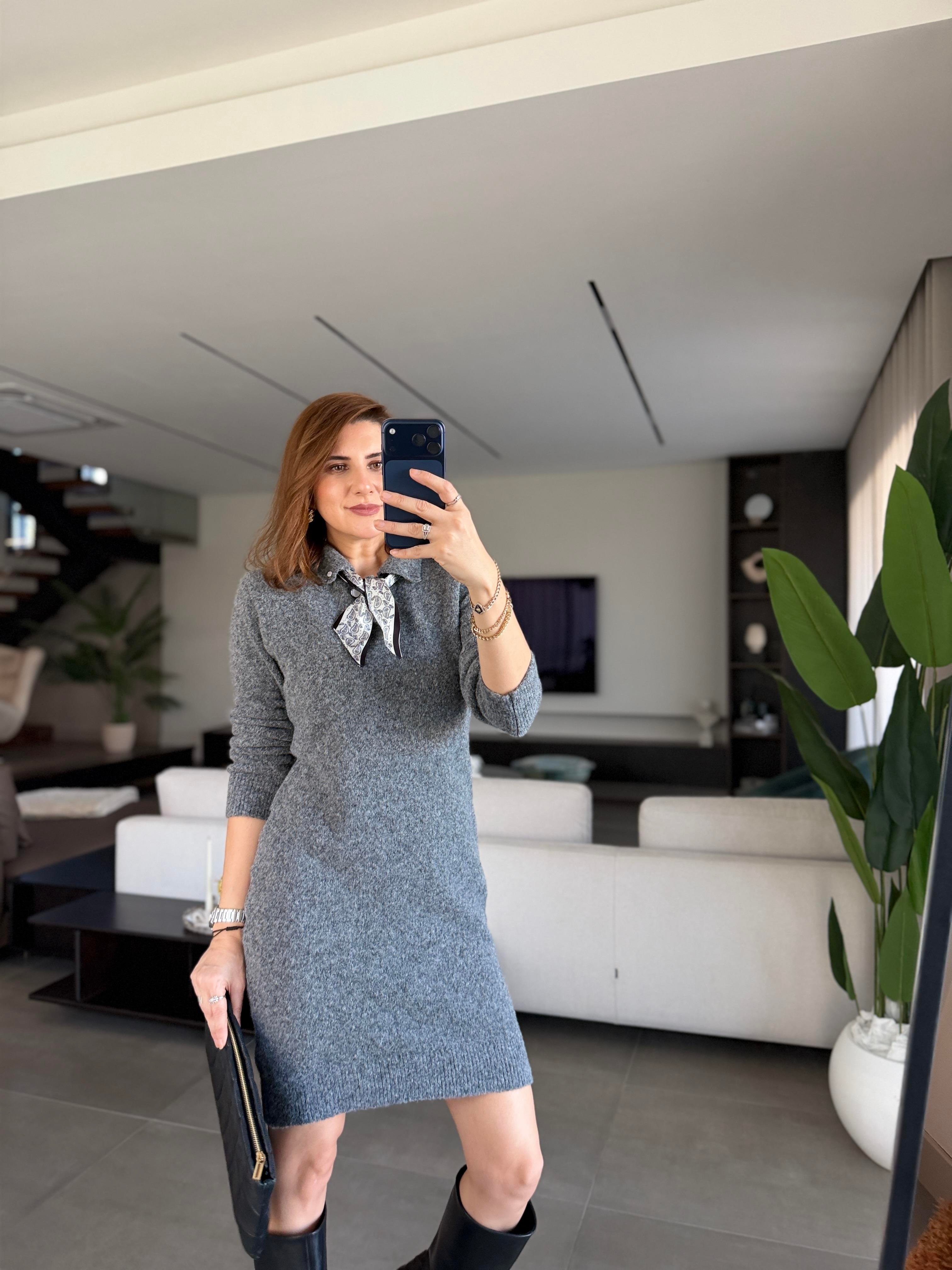 Fularlı Triko Elbise