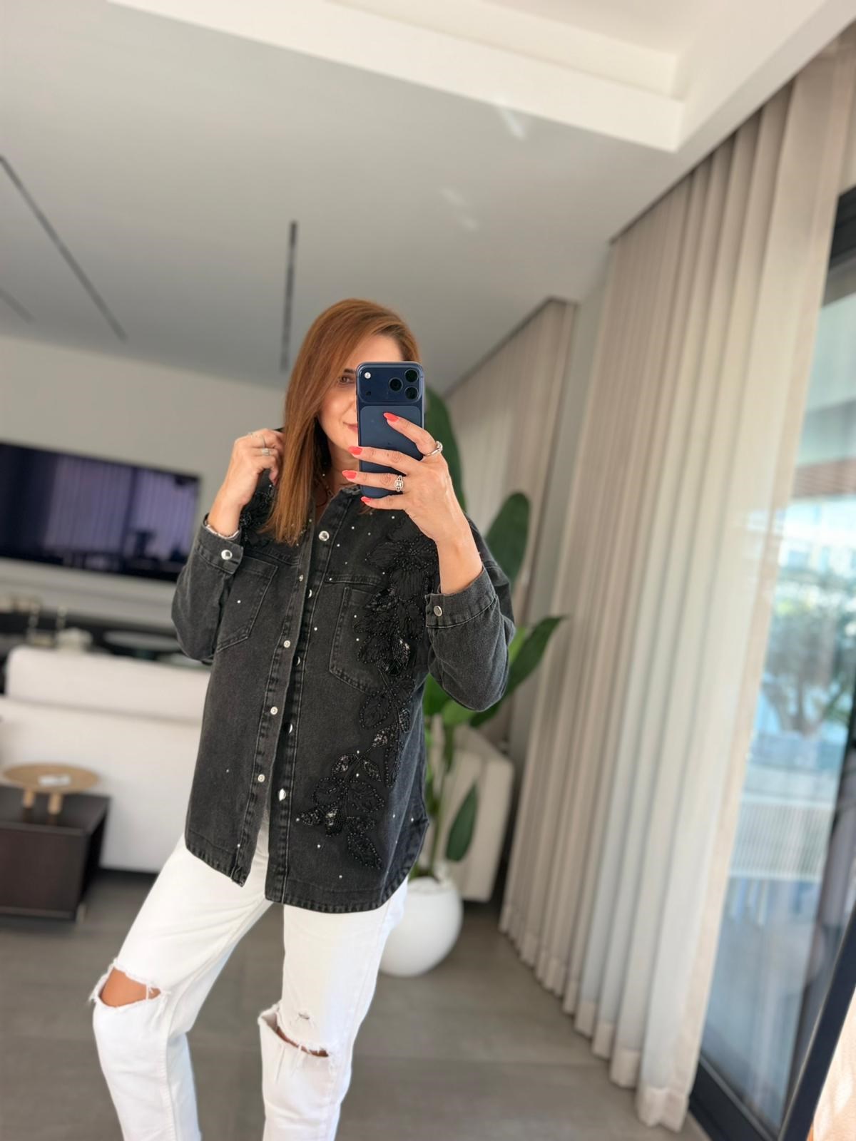 Füme İnci Çiçek İşlemeli Denim Ceket