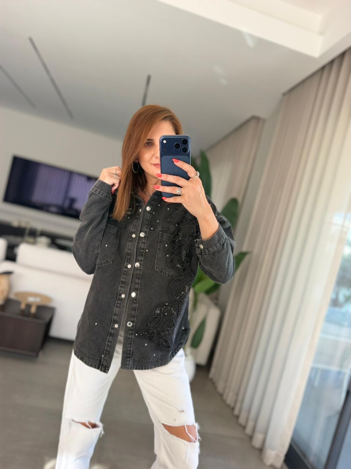 Füme İnci Çiçek İşlemeli Denim Ceket