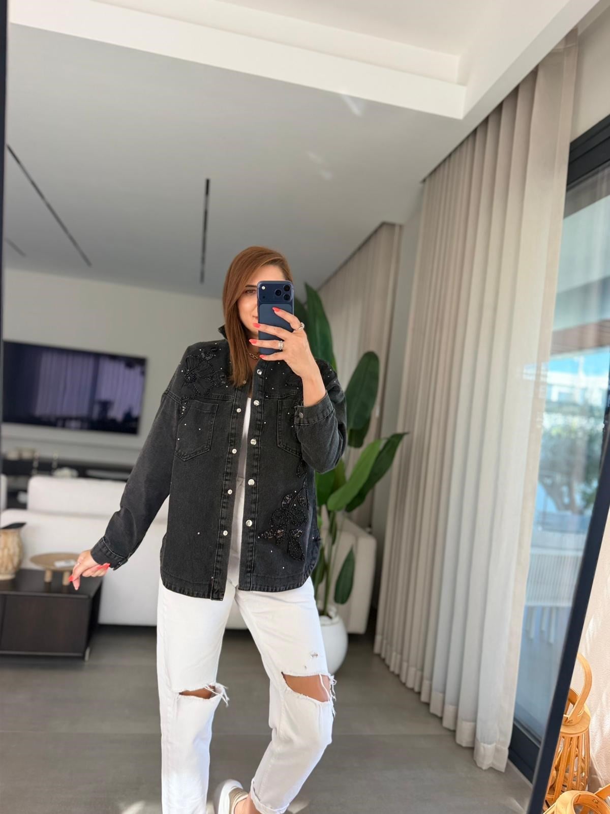 Füme İnci Çiçek İşlemeli Denim Ceket