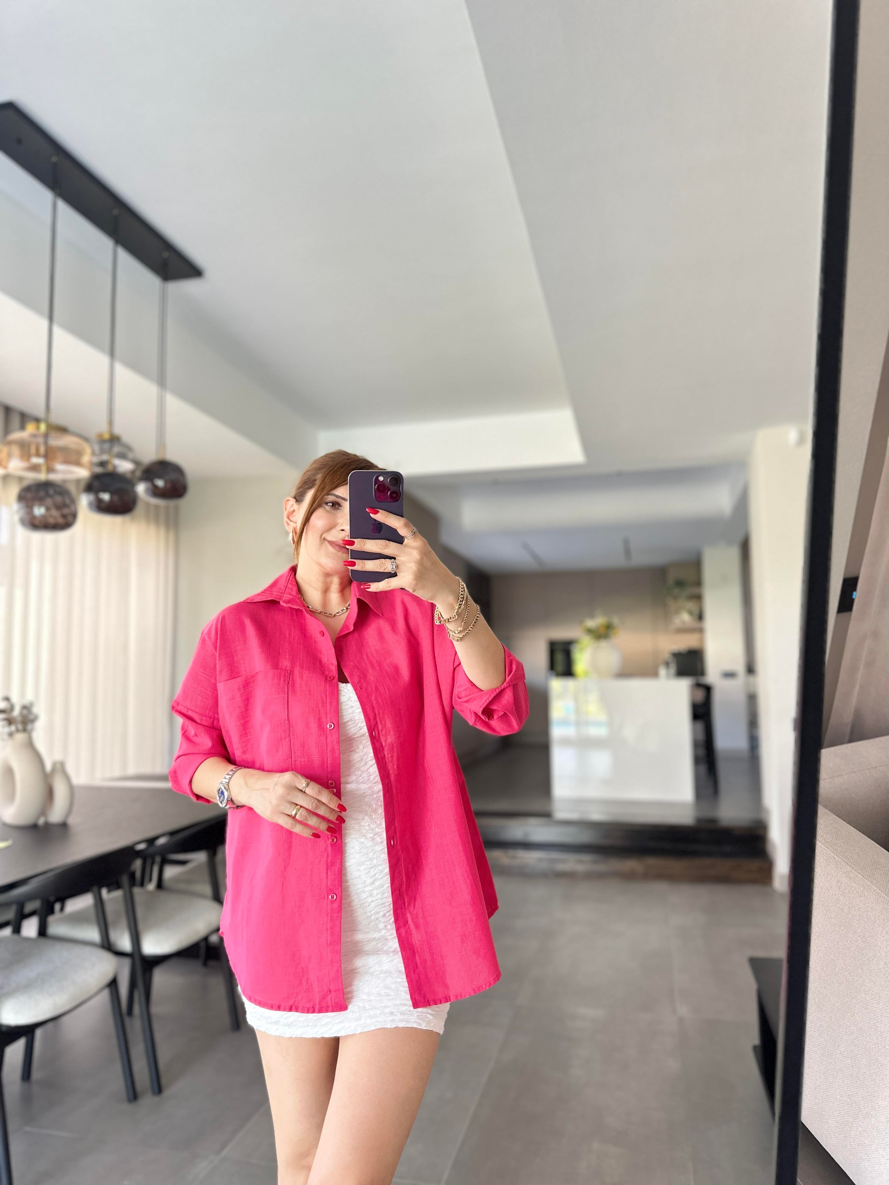 Fuşya Cep Detaylı Oversize Gömlek