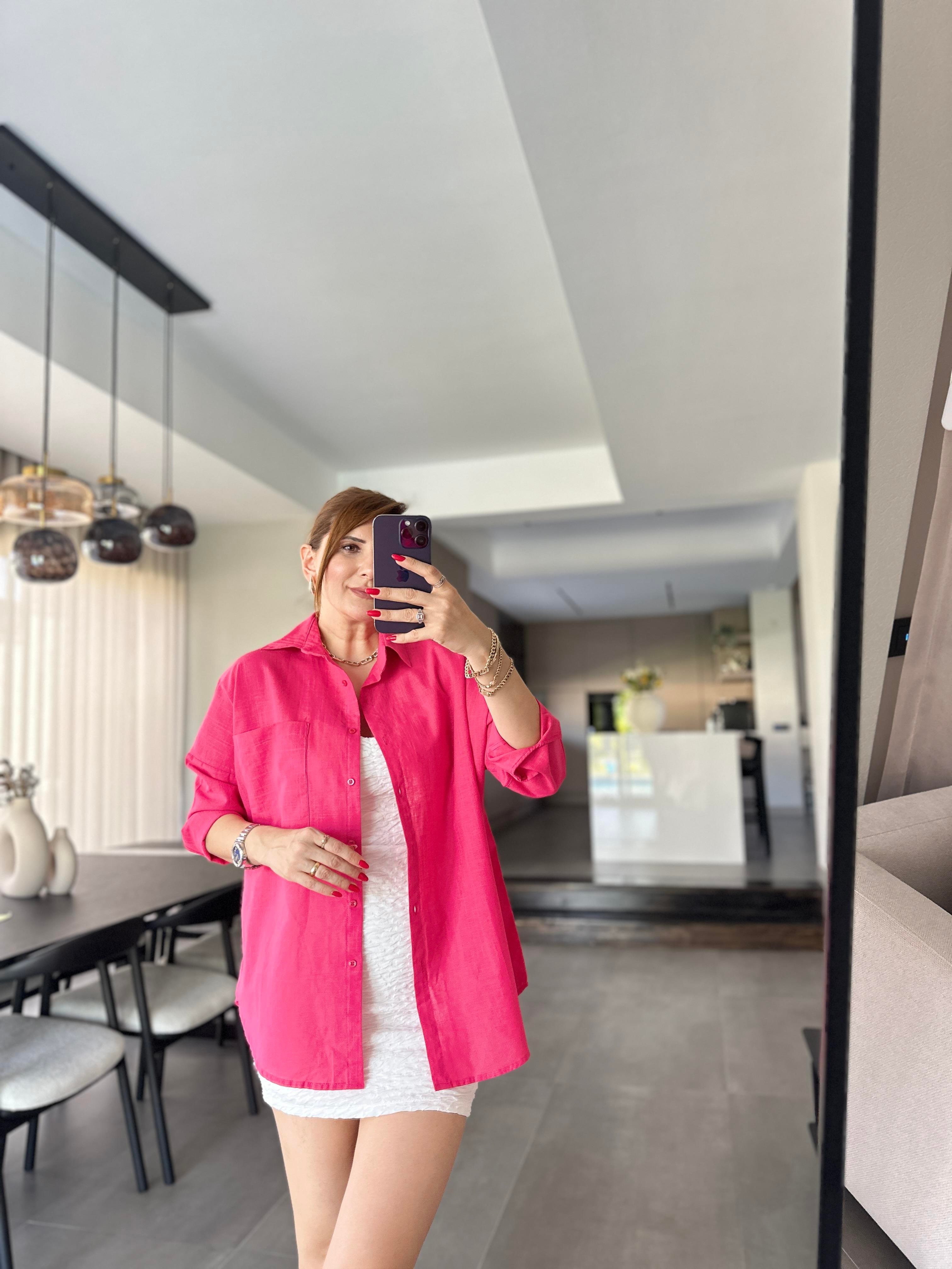 Fuşya Cep Detaylı Oversize Gömlek