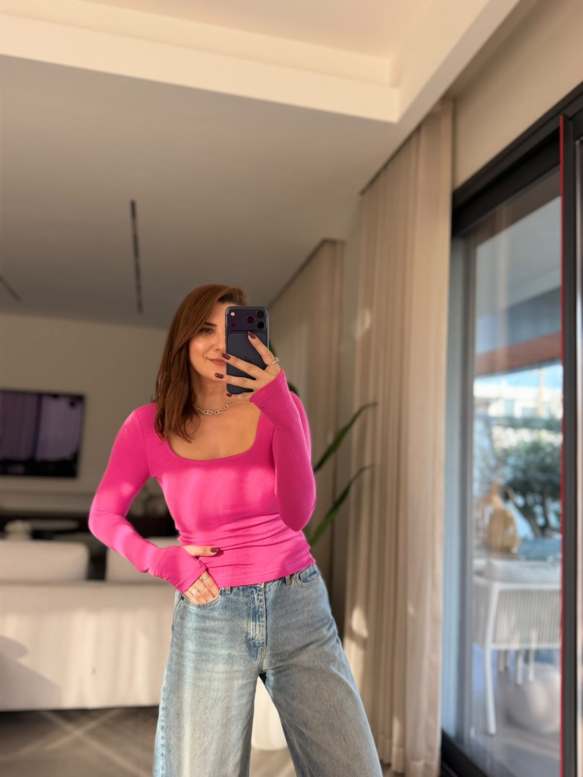 Fuşya Kare Yaka Dora Bluz
