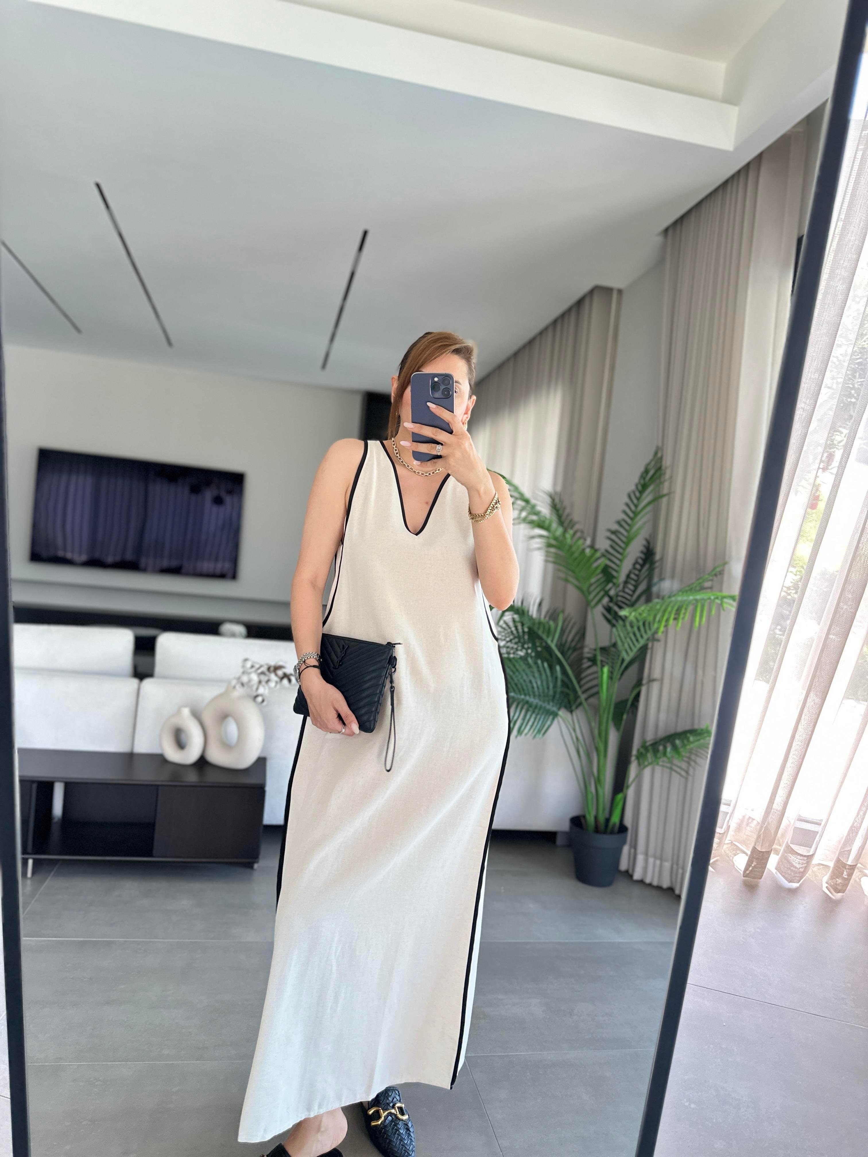Gabardin V Yaka Keten Elbise