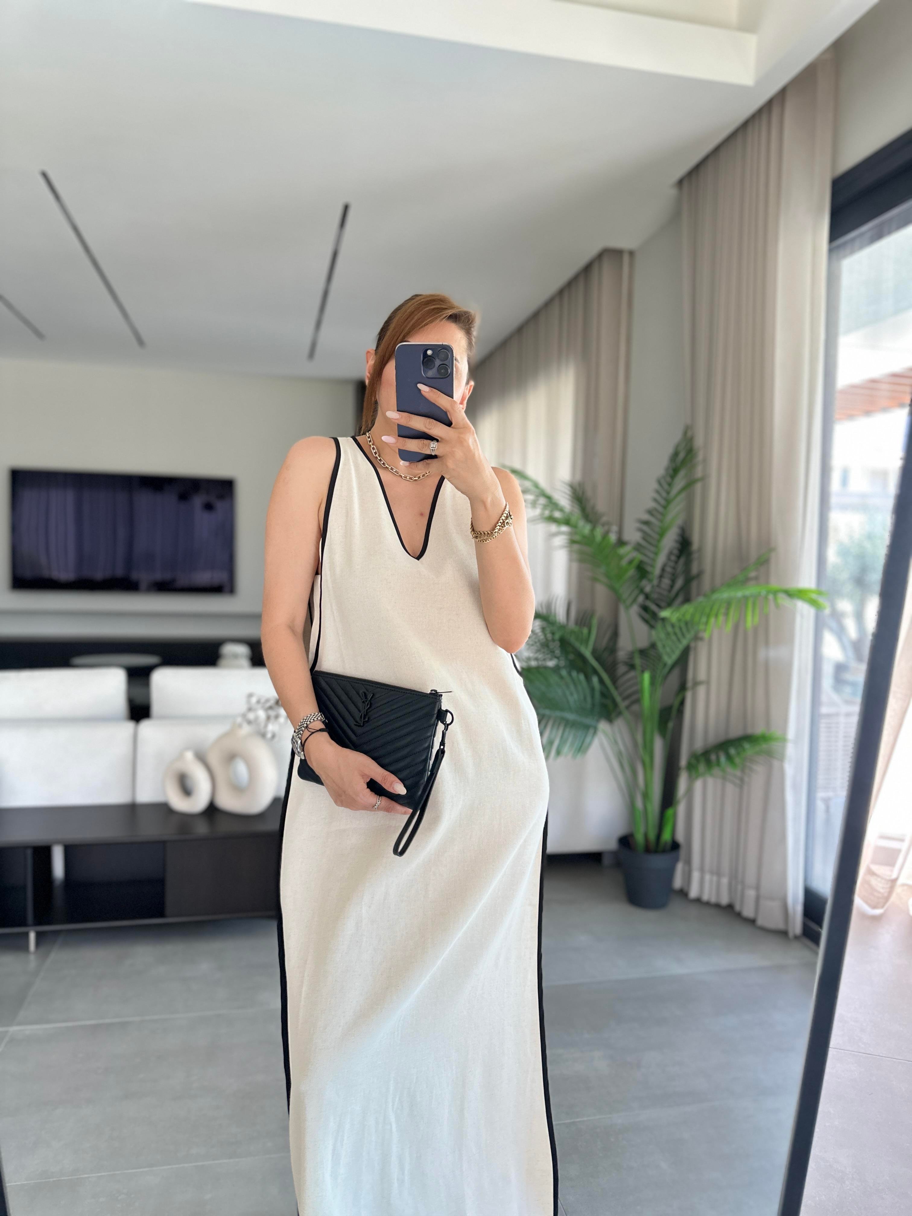 Gabardin V Yaka Keten Elbise