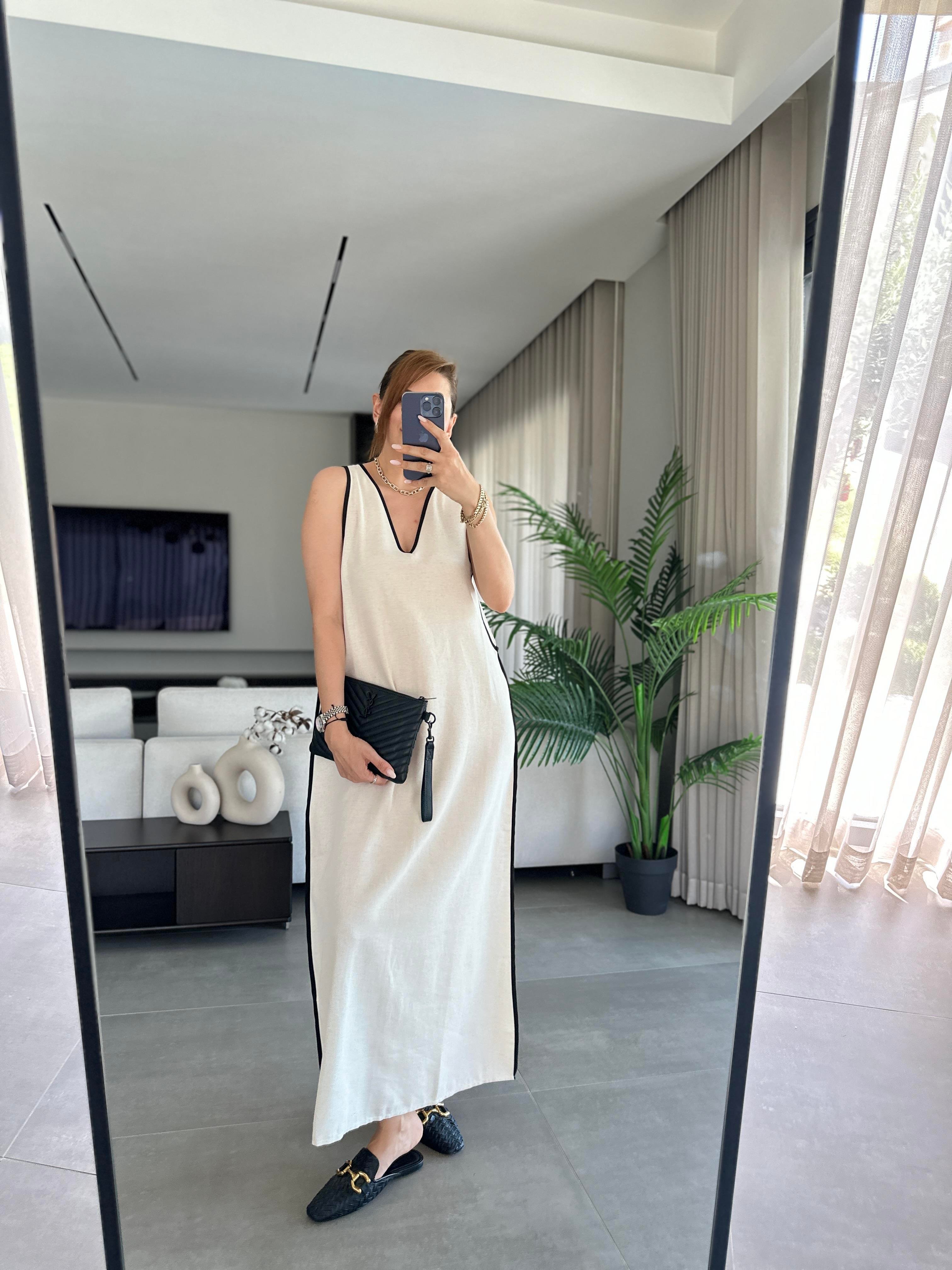 Gabardin V Yaka Keten Elbise