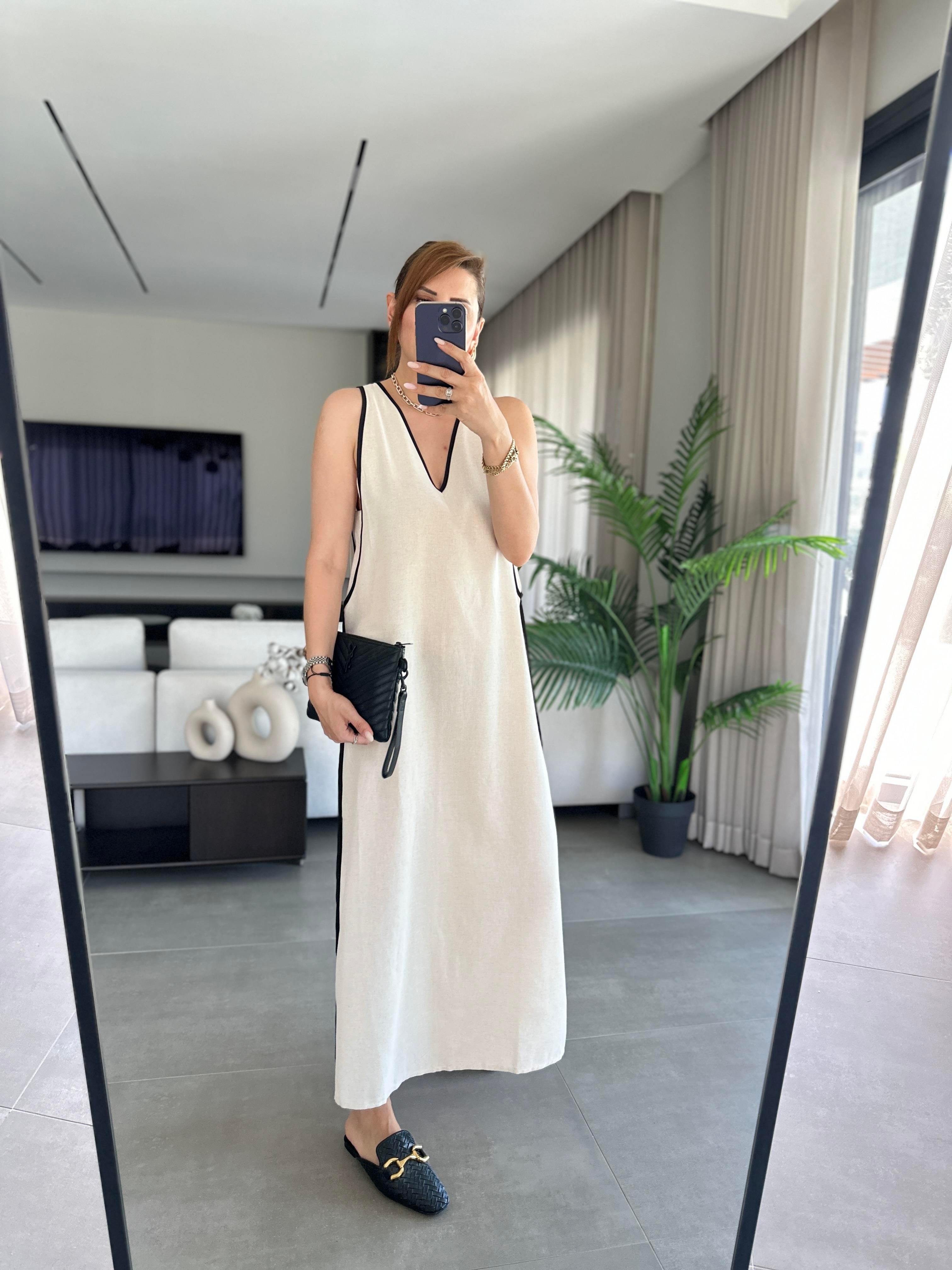 Gabardin V Yaka Keten Elbise