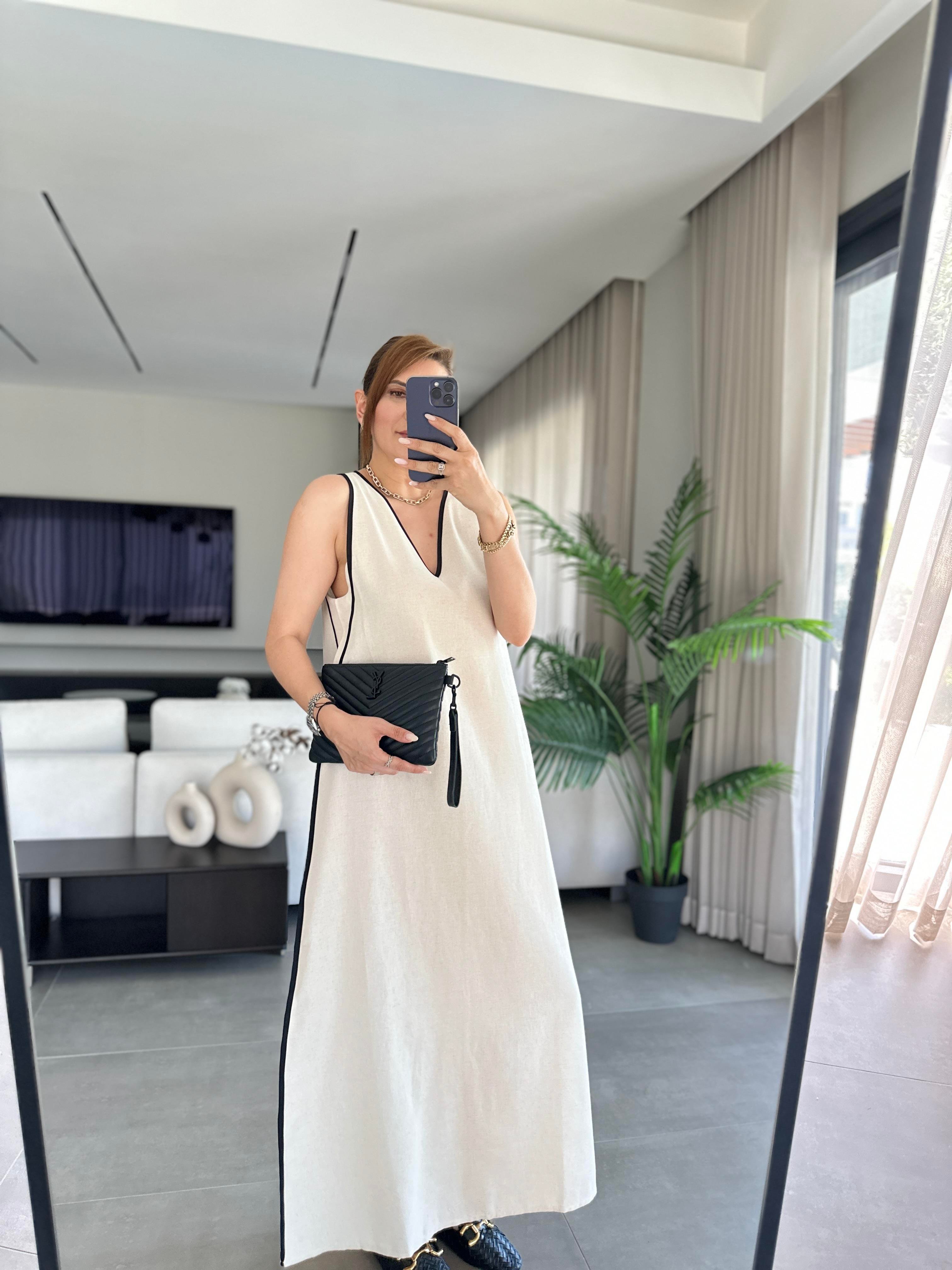 Gabardin V Yaka Keten Elbise