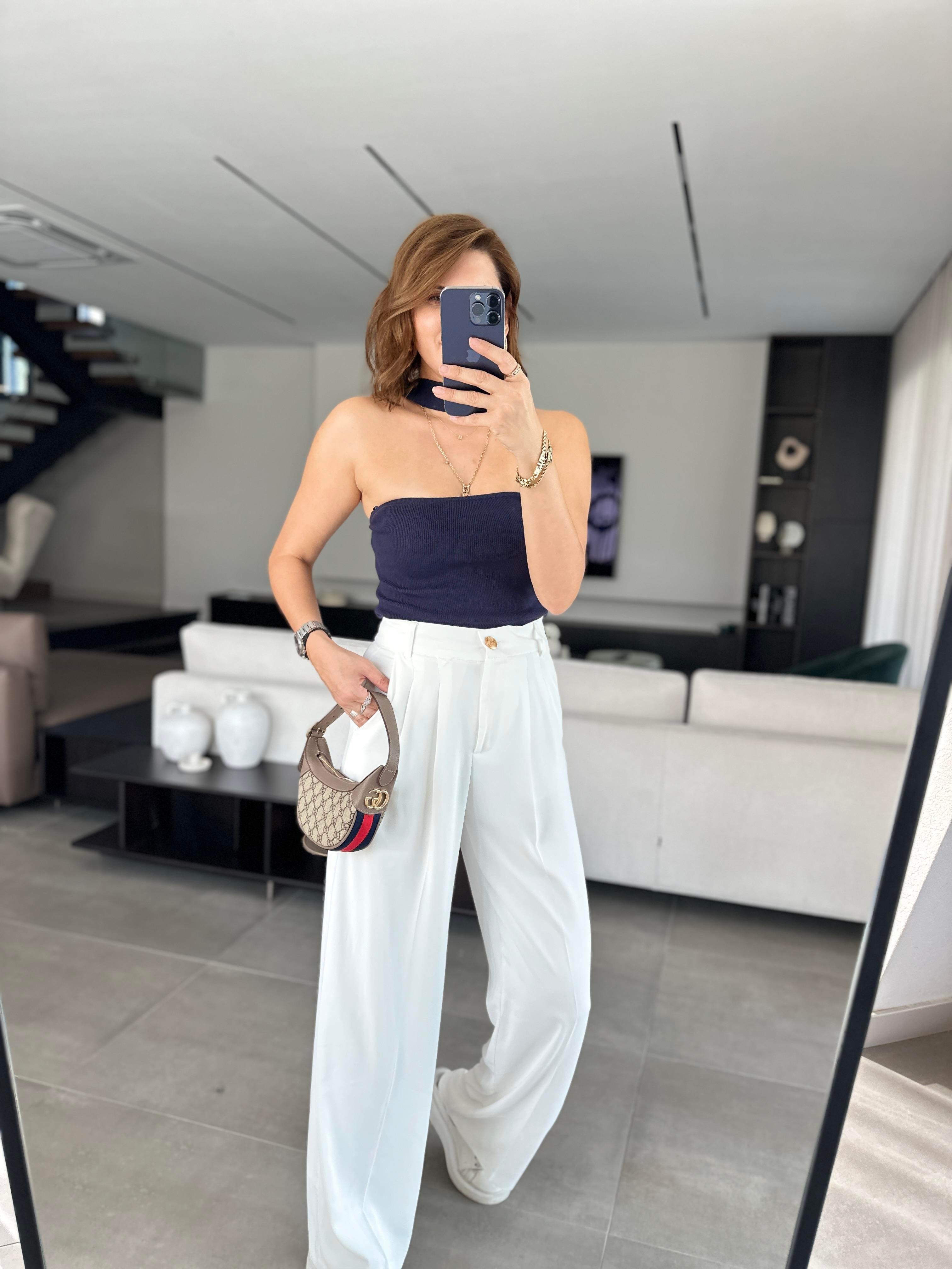 Gold Düğmeli Bel Pileli Geniş Paça Pantolon