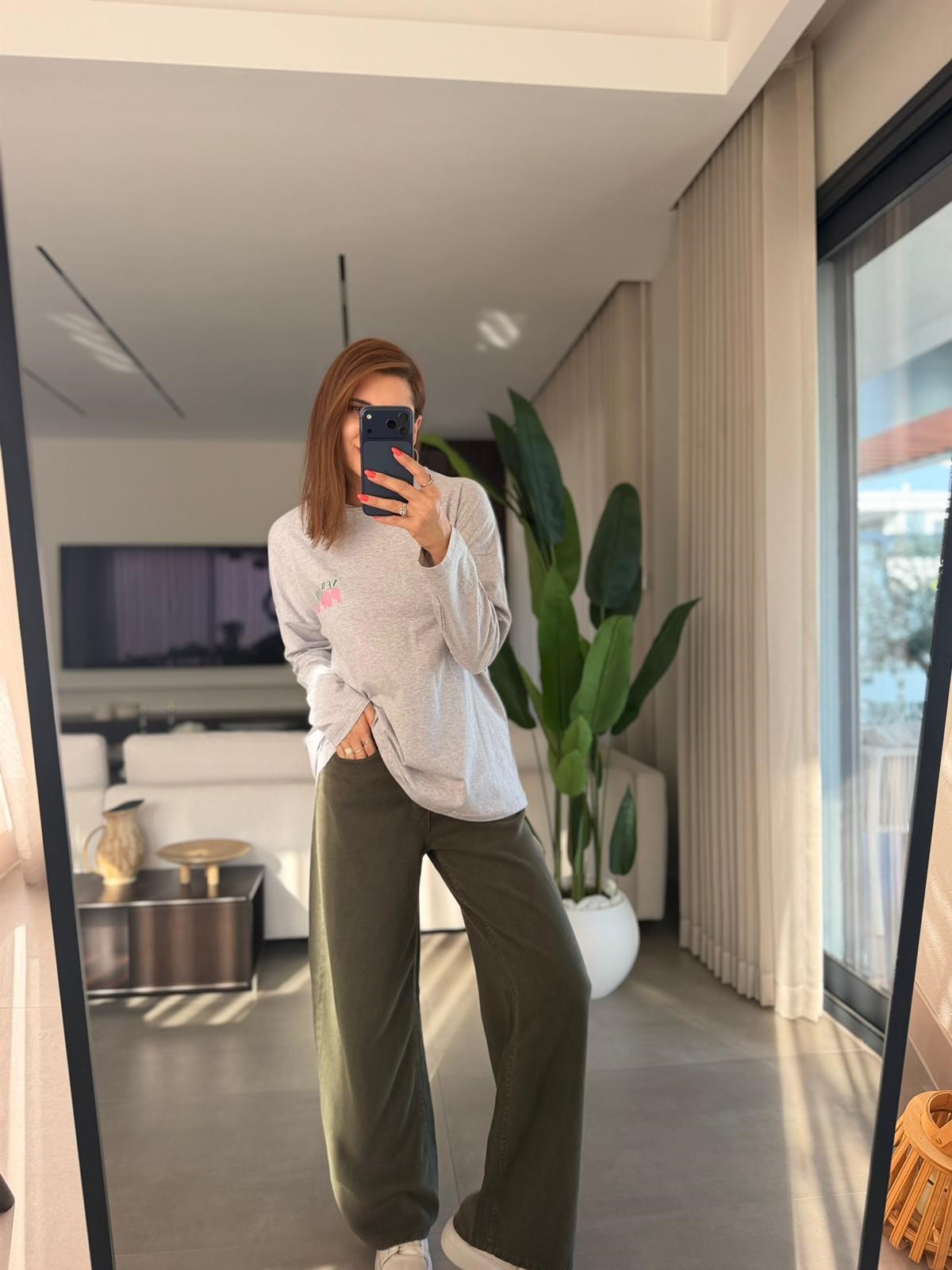 Gri Baskılı Uzun Kollu Basıc Sweatshırt