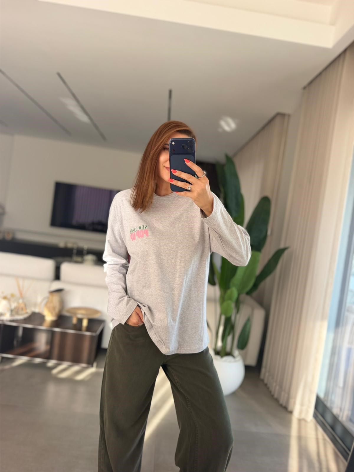 Gri Baskılı Uzun Kollu Basıc Sweatshırt
