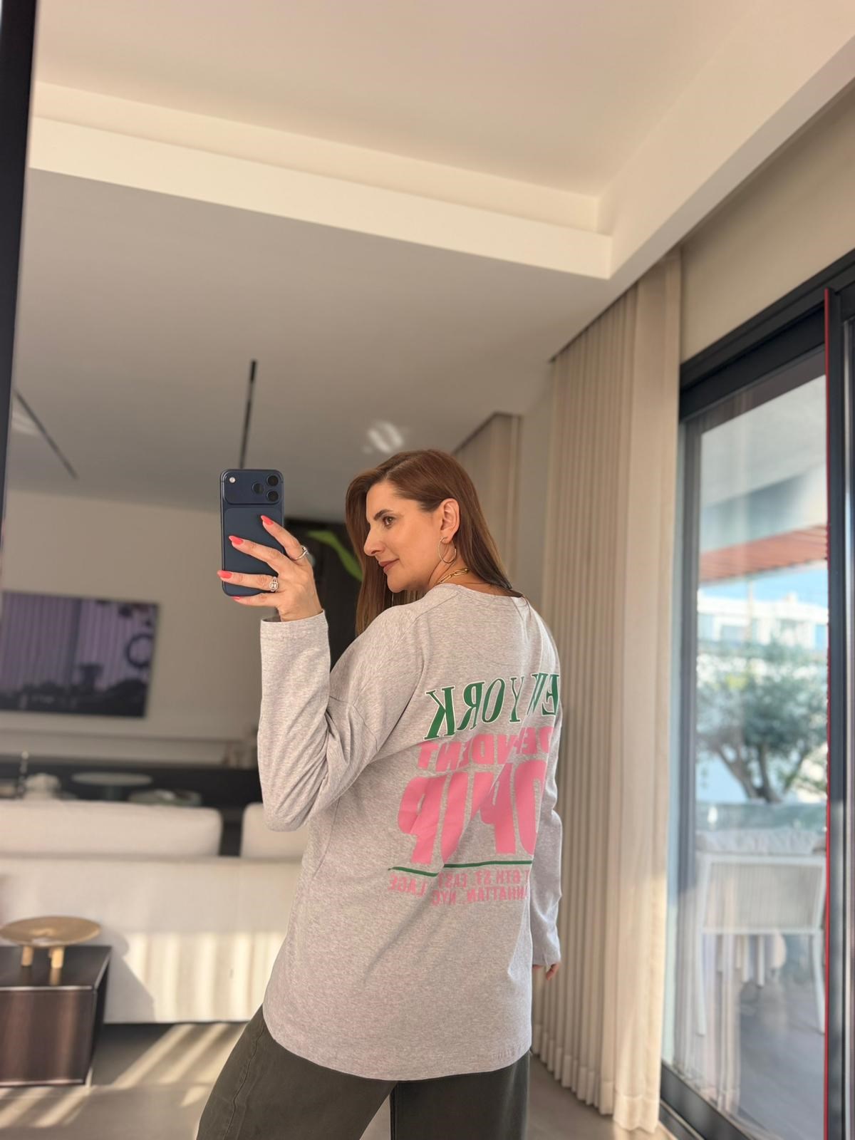 Gri Baskılı Uzun Kollu Basıc Sweatshırt