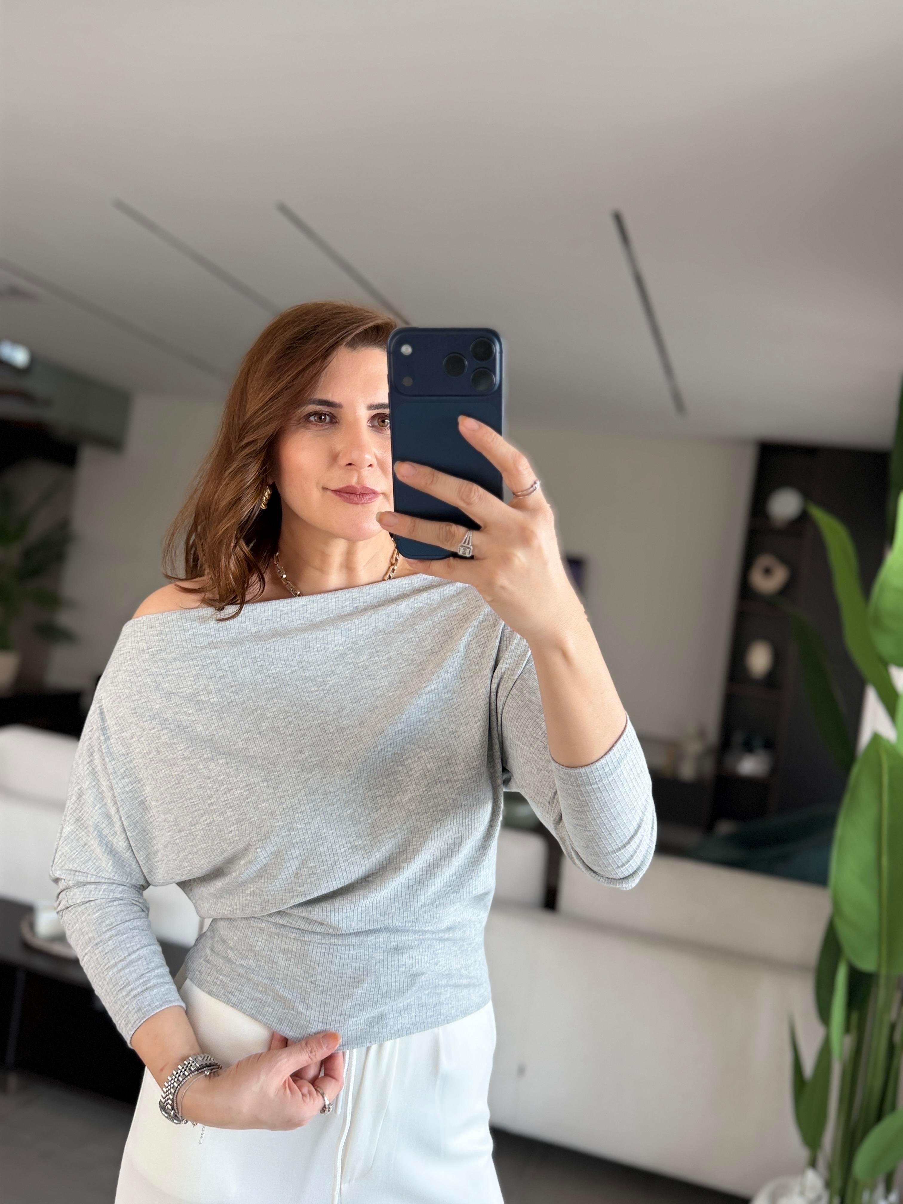 Gri Fitilli Kayık Yaka Bluz