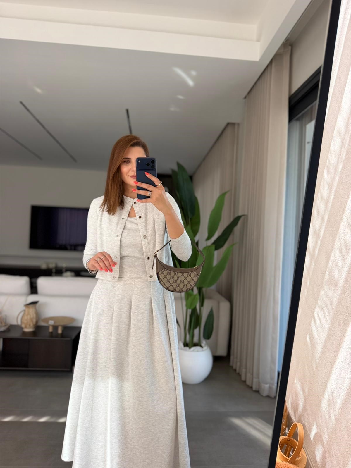 Gri Modal Ceketli Atletli Üçlü Etek Takım
