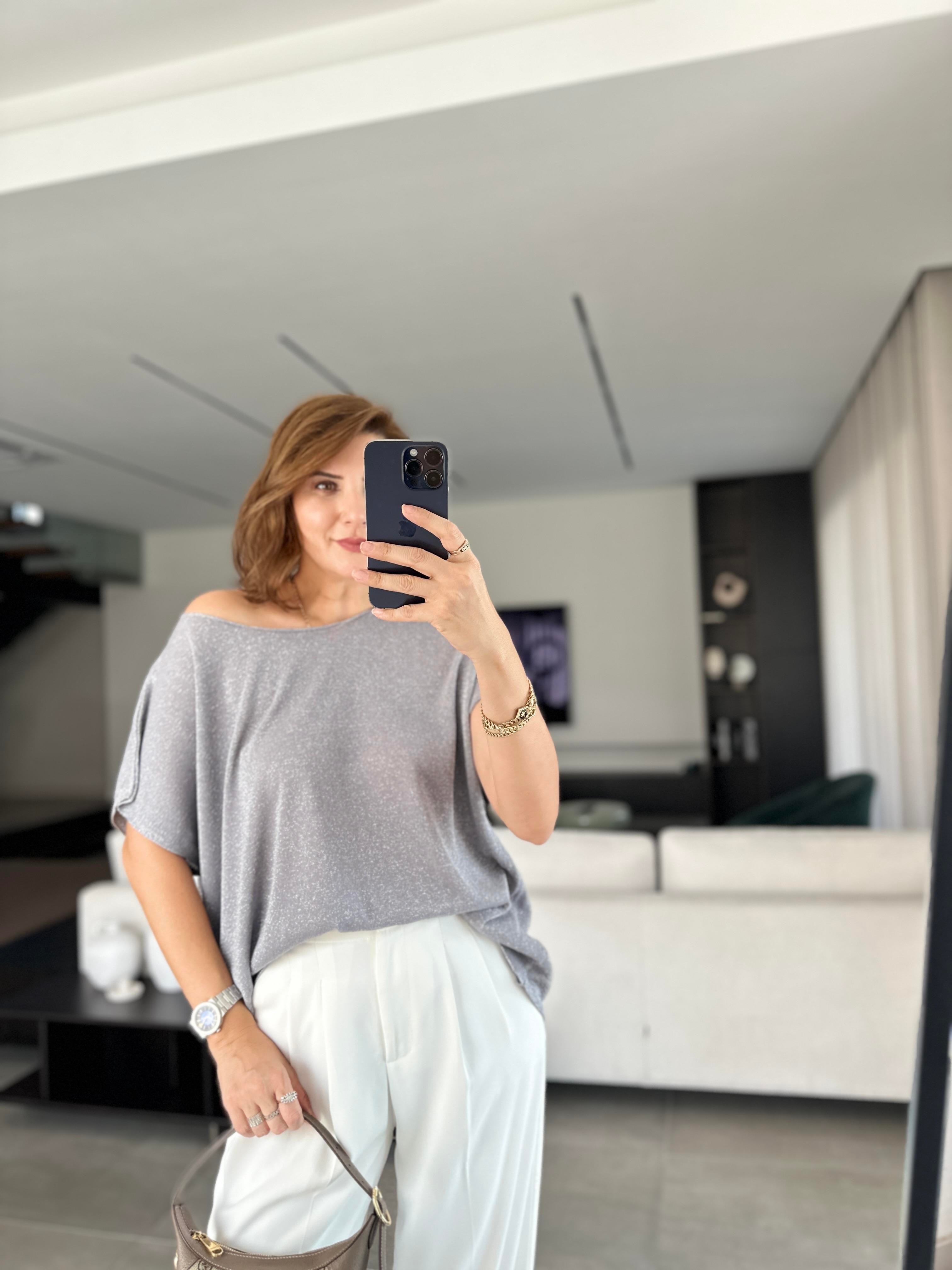 Gri Simli Triko Bluz