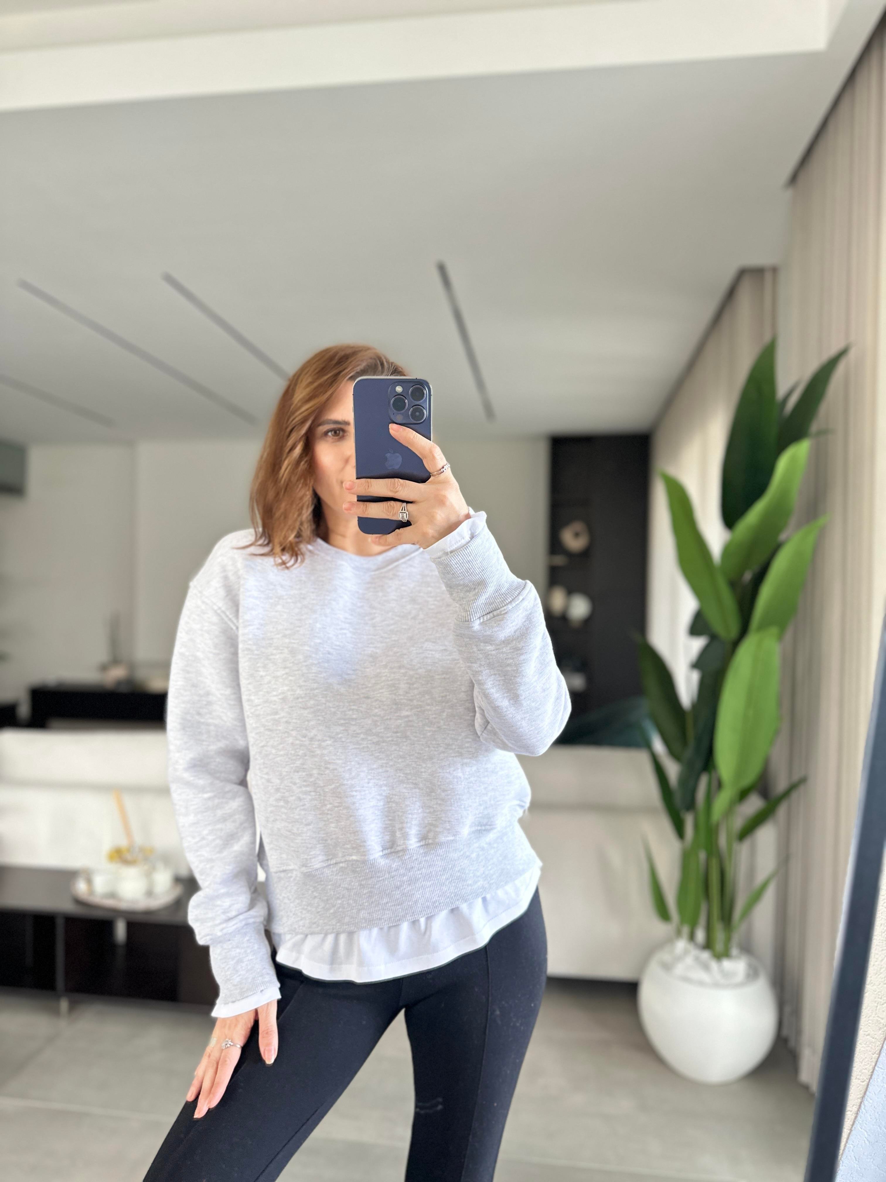 Gri T-shirt Görünümlü Üç İplik Sweat