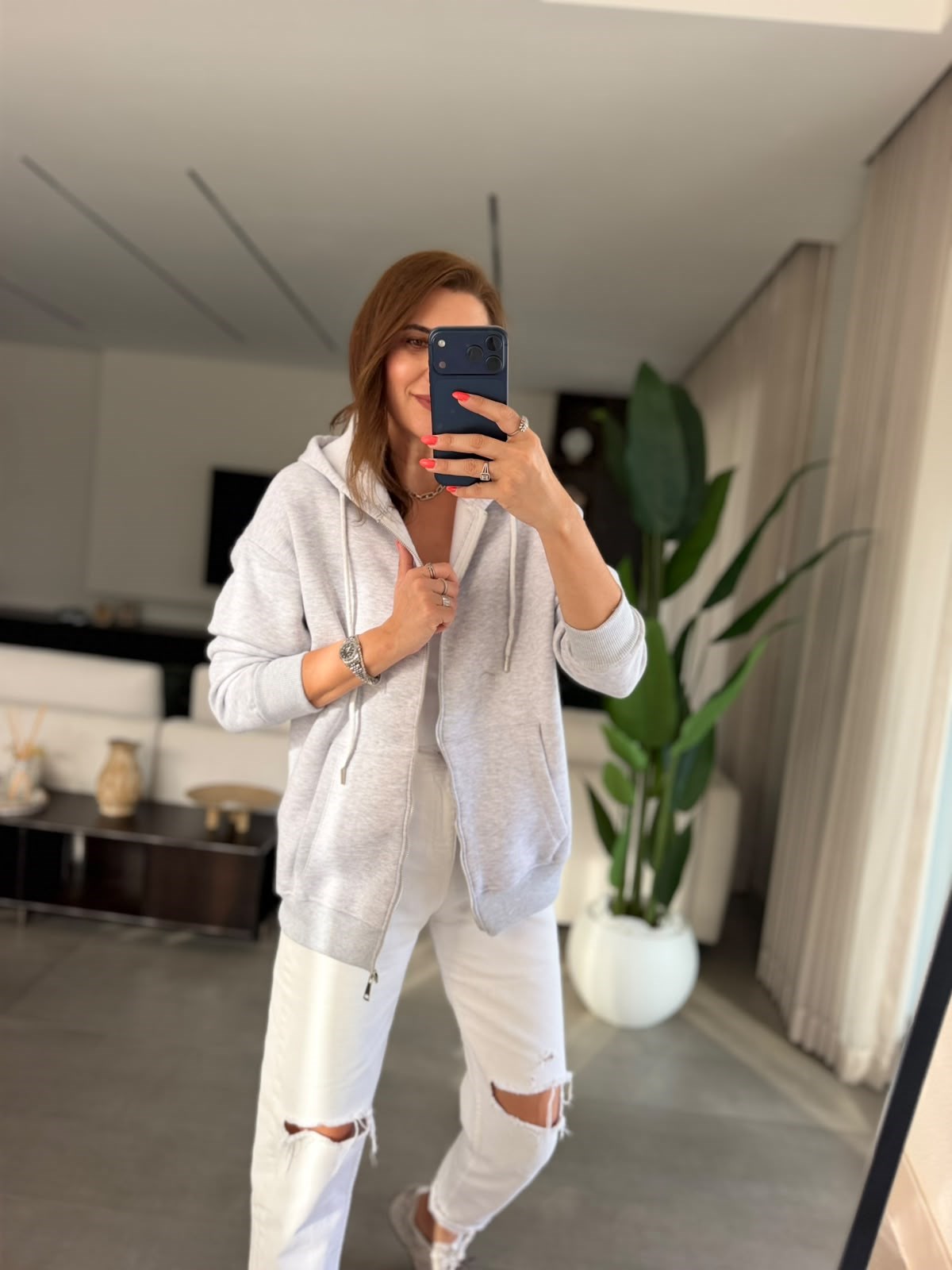 Gri Üç İplik Kapşonlu Oversize Ceket