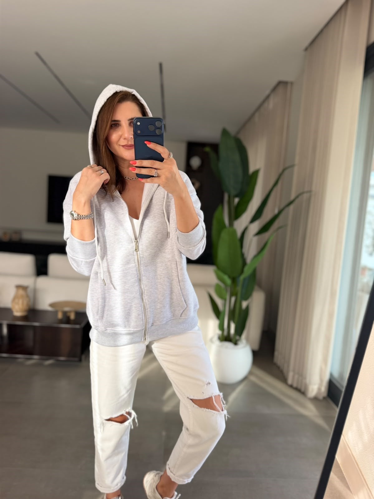 Gri Üç İplik Kapşonlu Oversize Ceket