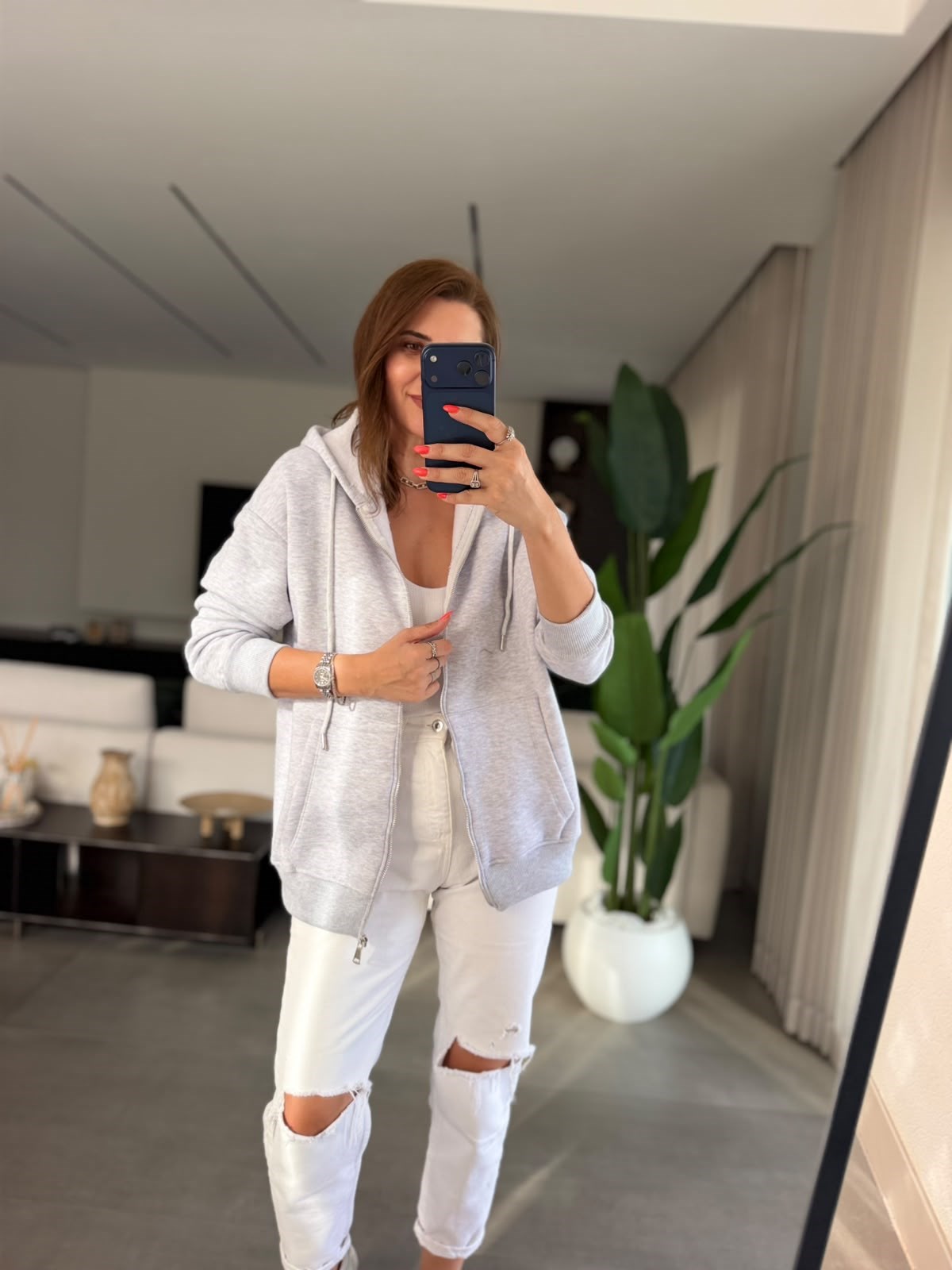 Gri Üç İplik Kapşonlu Oversize Ceket