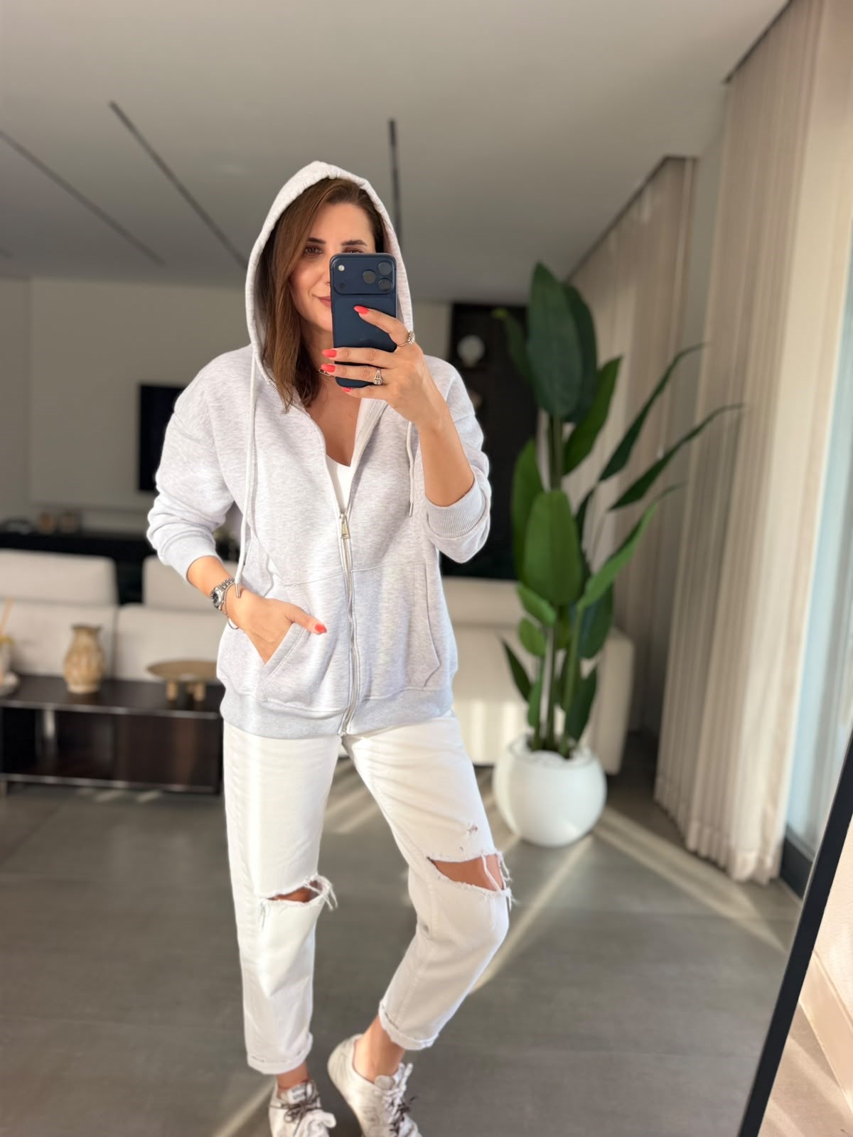 Gri Üç İplik Kapşonlu Oversize Ceket