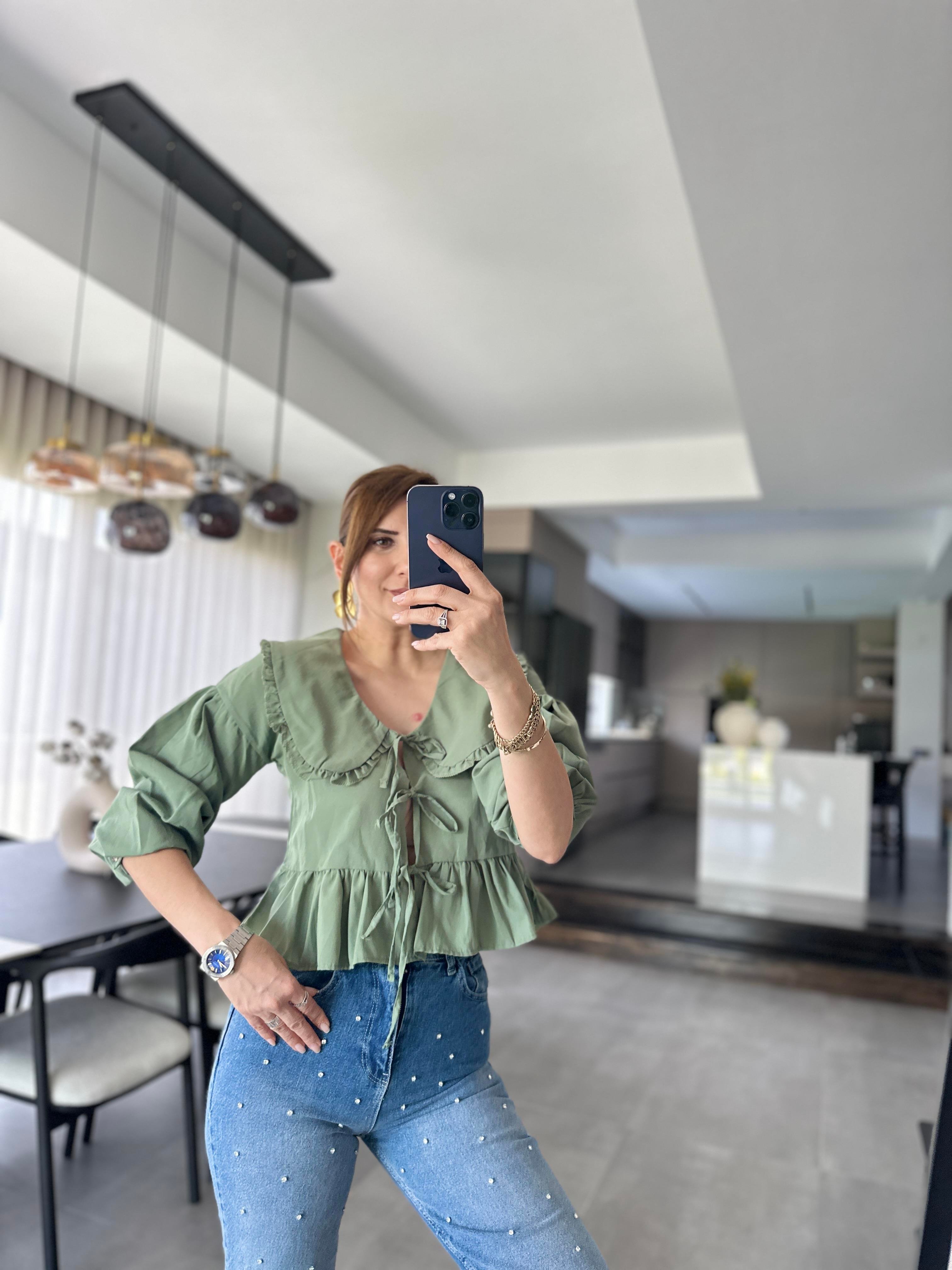 Haki Apeldo Önü Bağlamalı Bluz