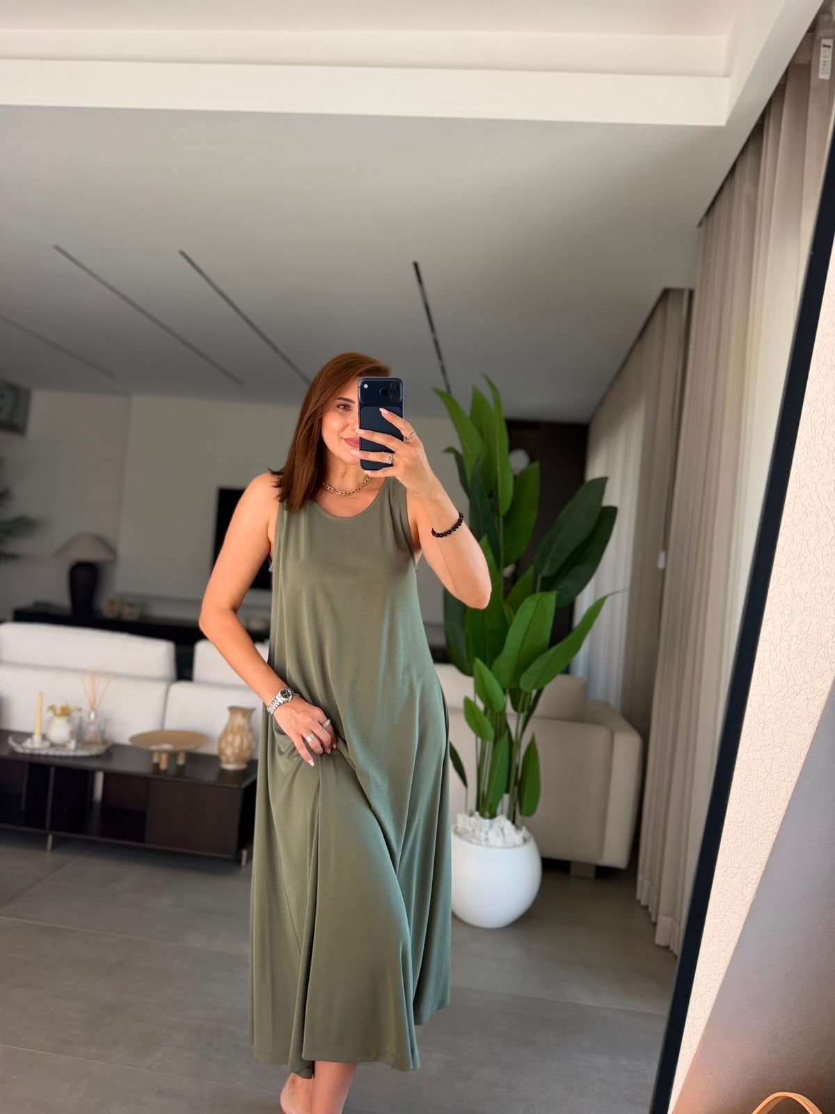 Haki  Arka Düğmeli Kolsuz Pike Elbise