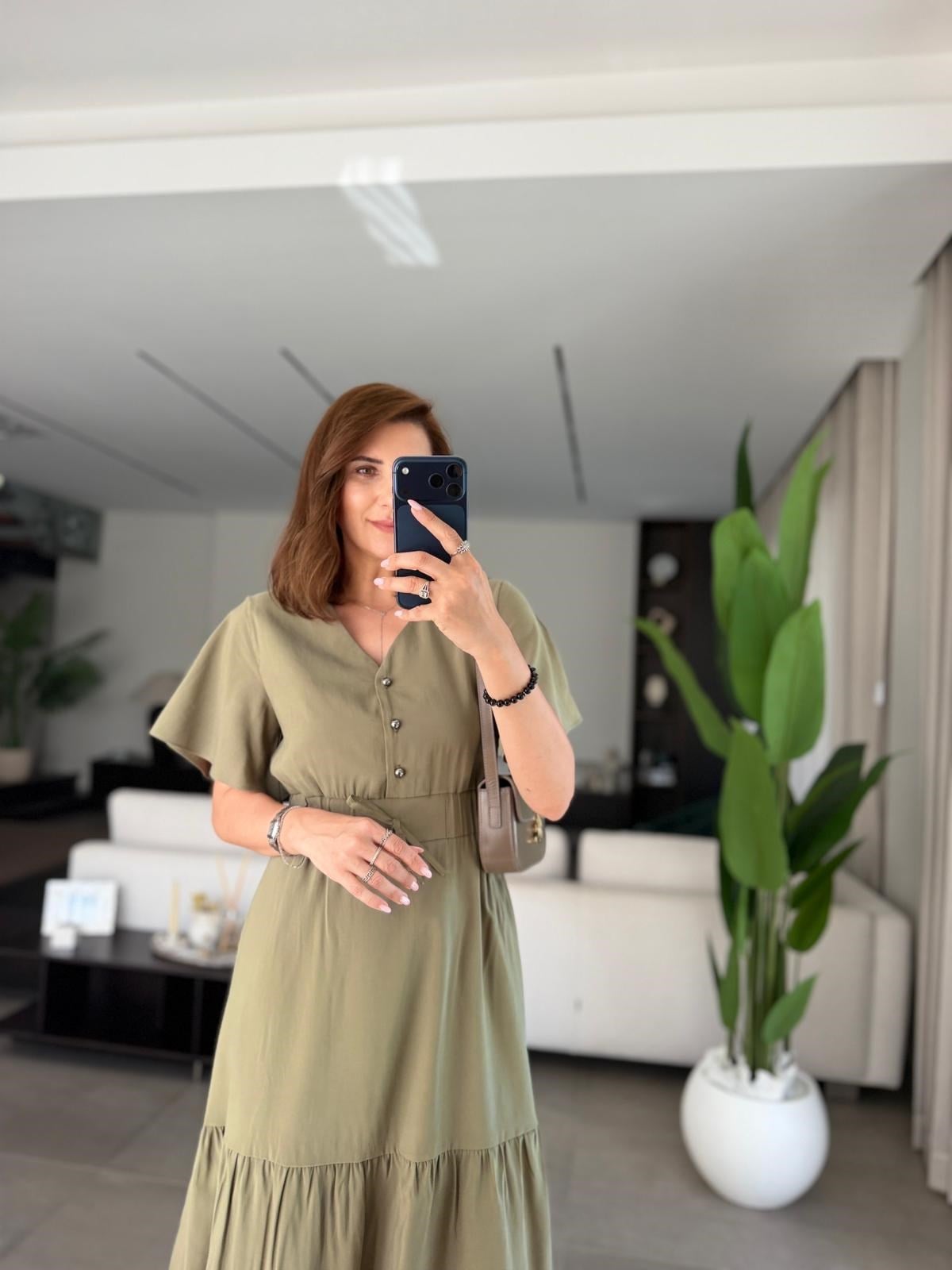 Haki Bel Büzgülü Büyük Beden Tencel Elbise