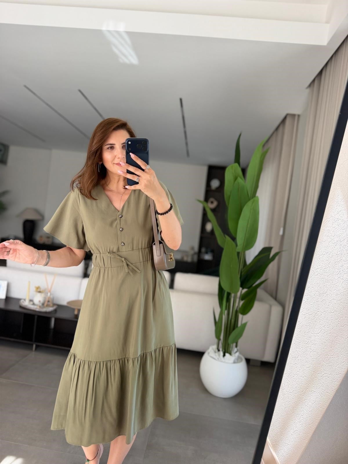 Haki Bel Büzgülü Büyük Beden Tencel Elbise