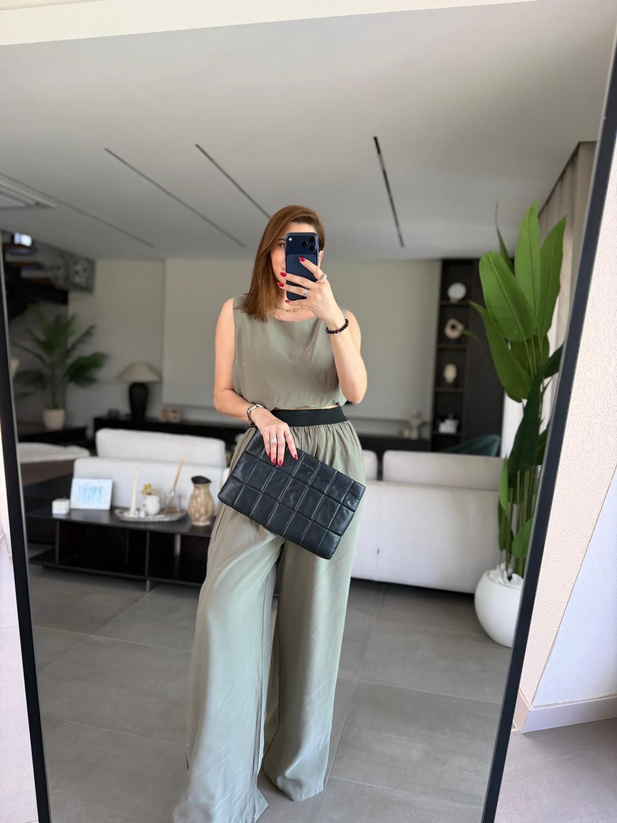 Haki Bel Lastikli Modal Pantolon Bluz Takım