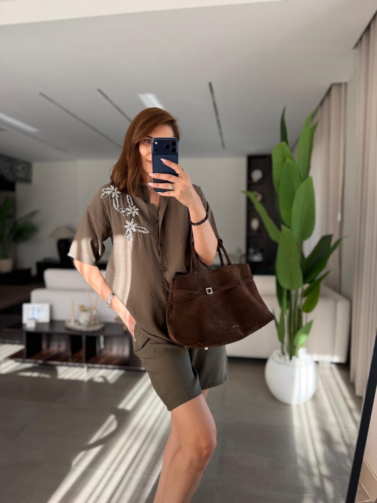 Haki Çiçek Taşlı Tencel Şort Takım