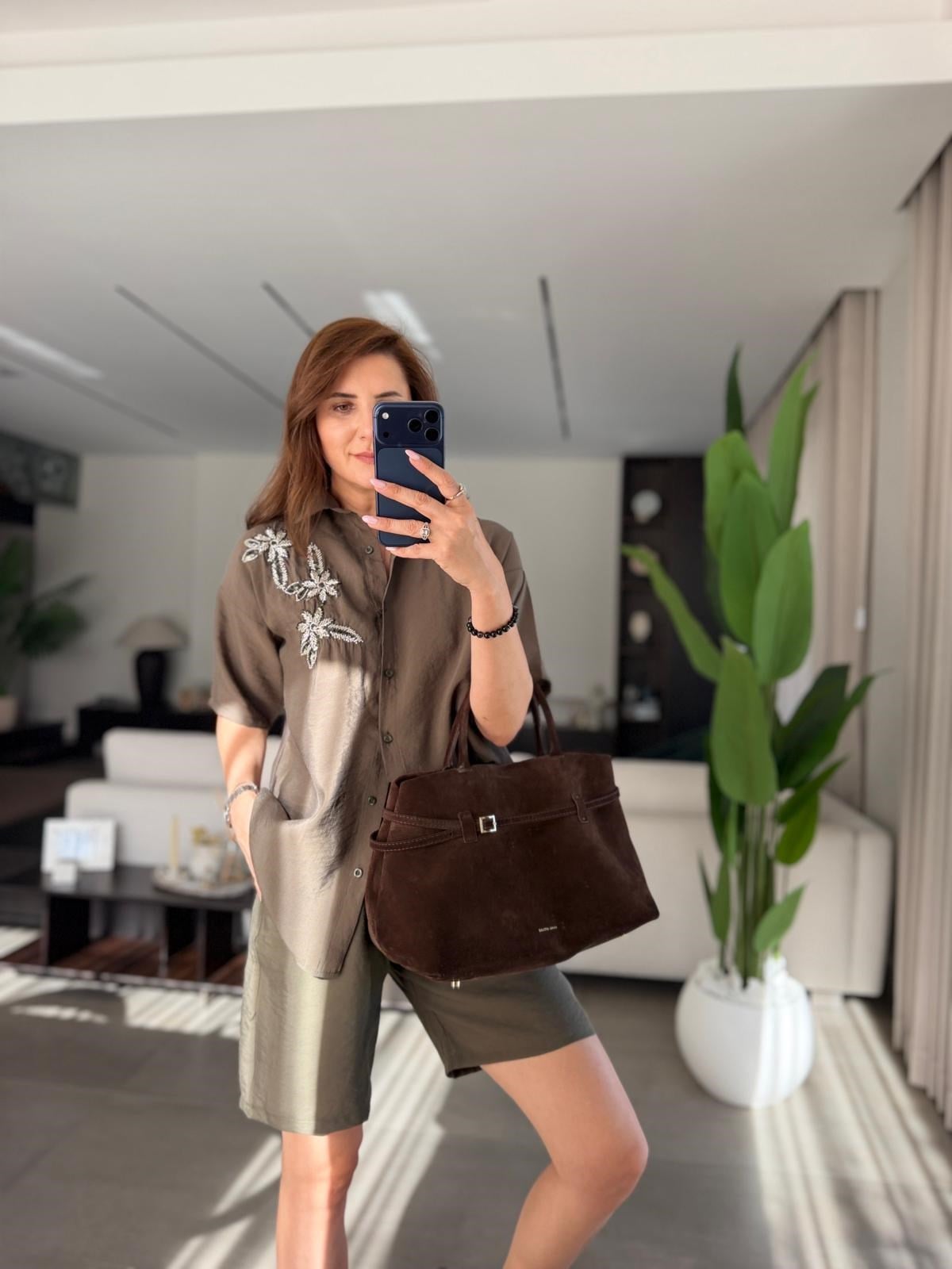 Haki Çiçek Taşlı Tencel Şort Takım