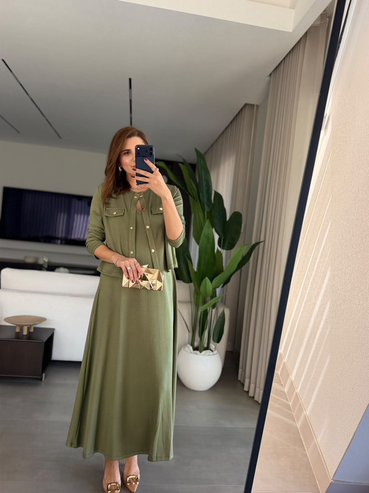 Haki Çıtçıt Detay Hırkalı Elbise