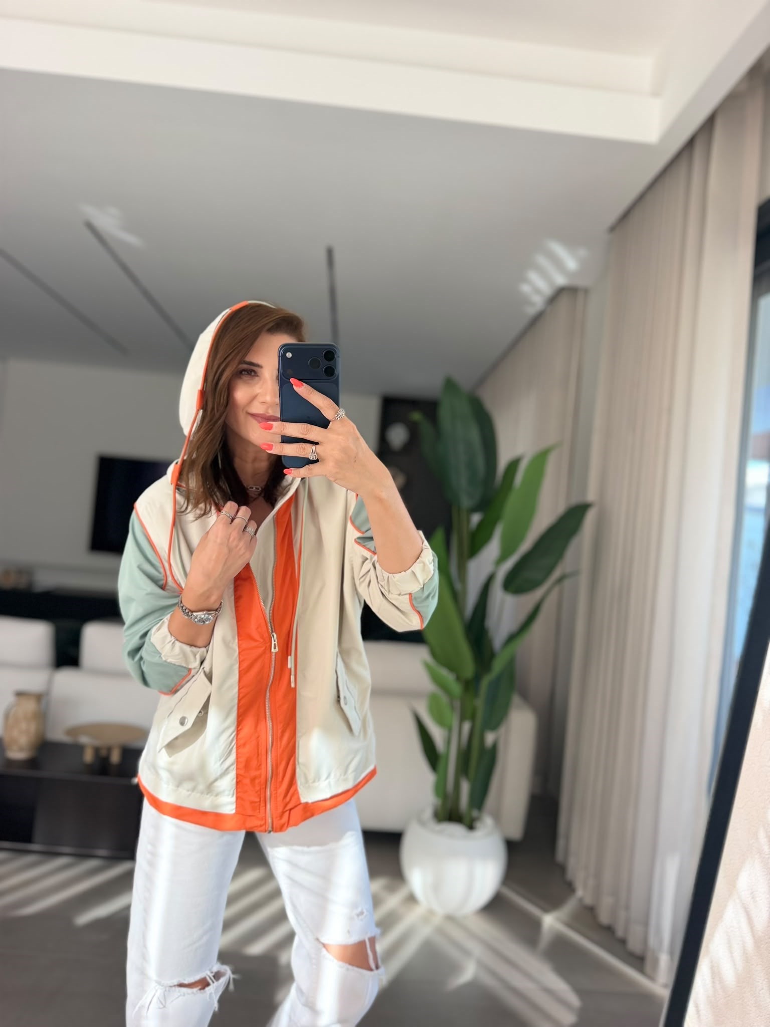 Haki Color Block Kapşonlu Yağmurluk