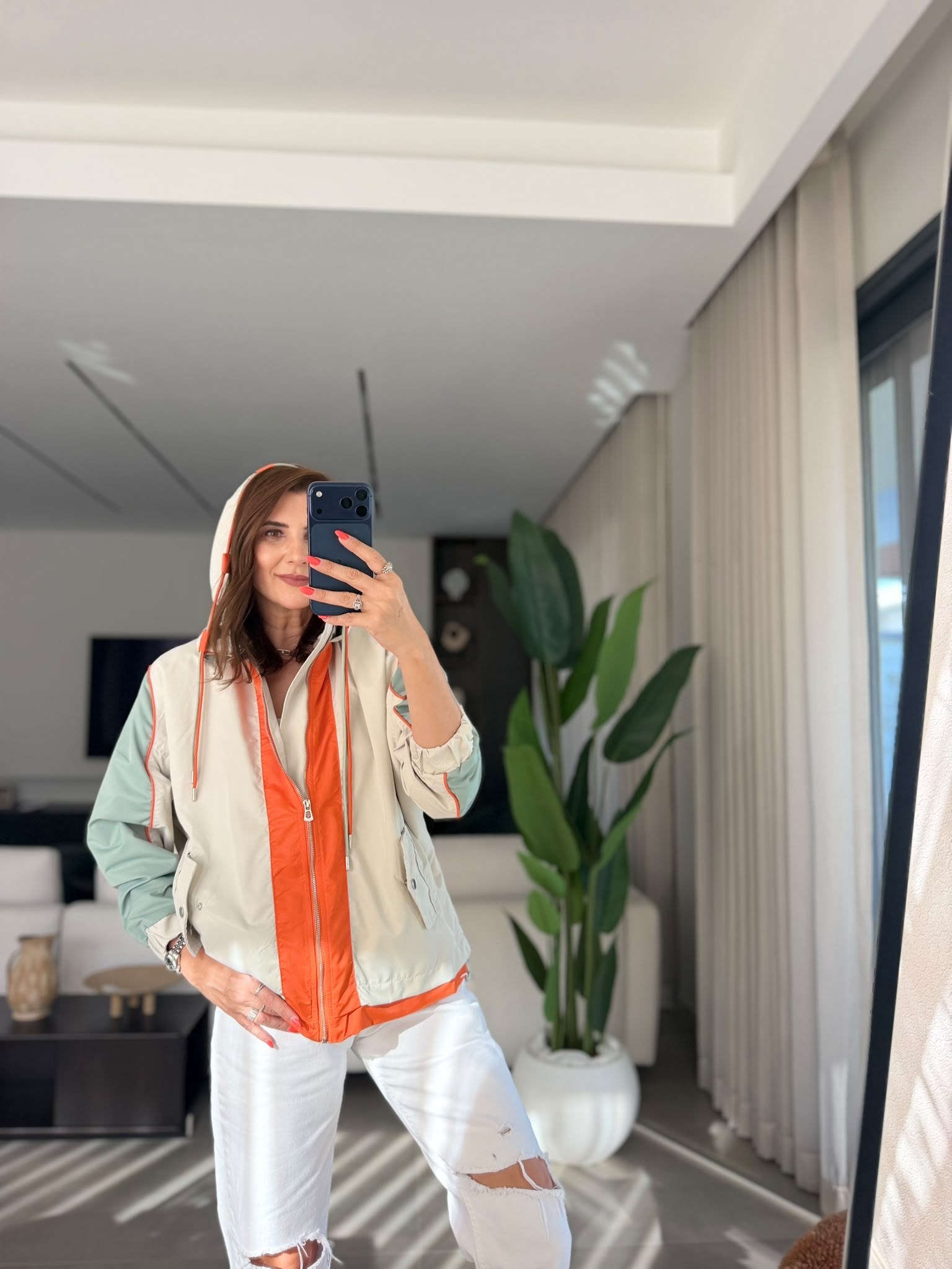 Haki Color Block Kapşonlu Yağmurluk
