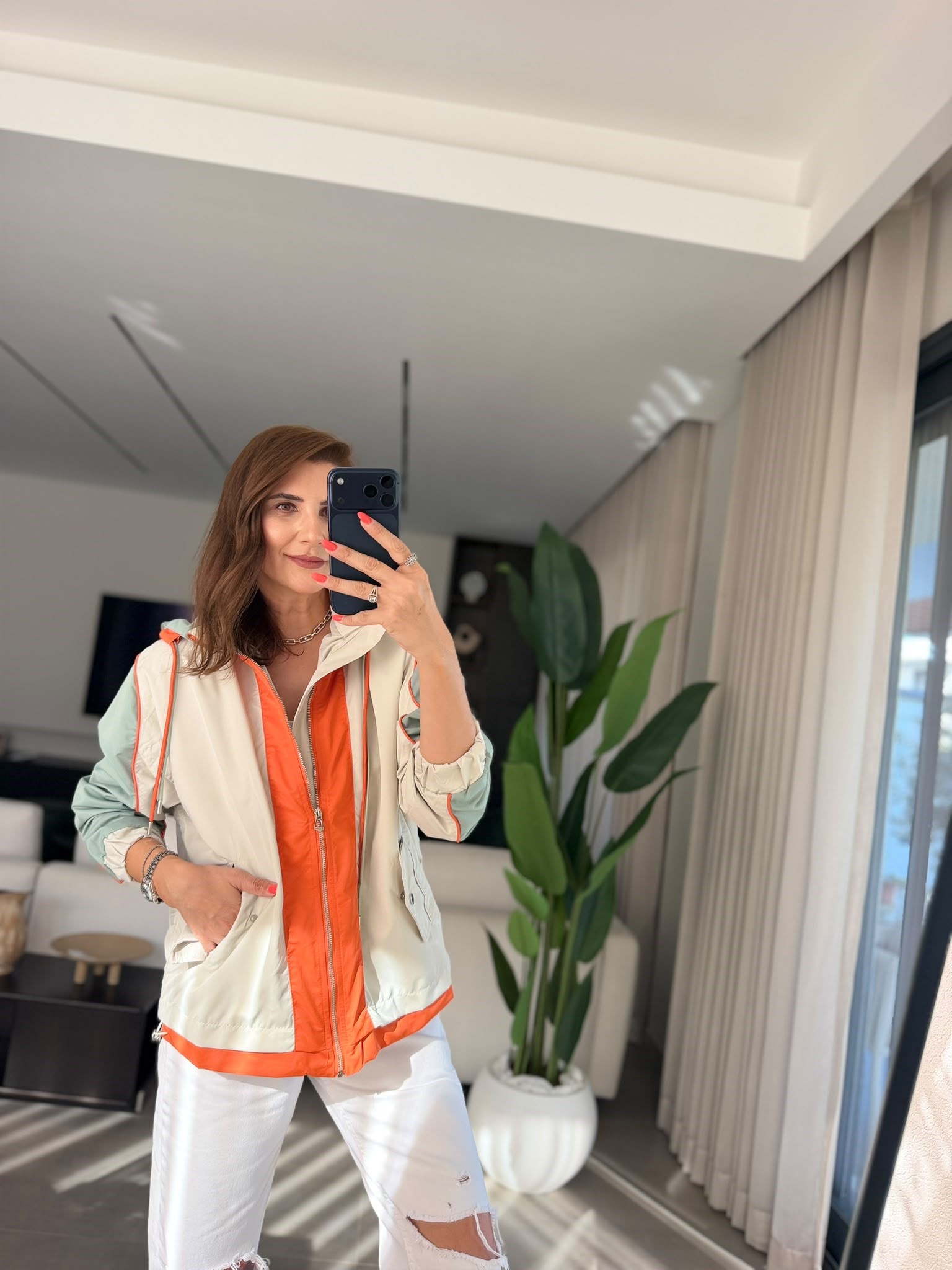 Haki Color Block Kapşonlu Yağmurluk
