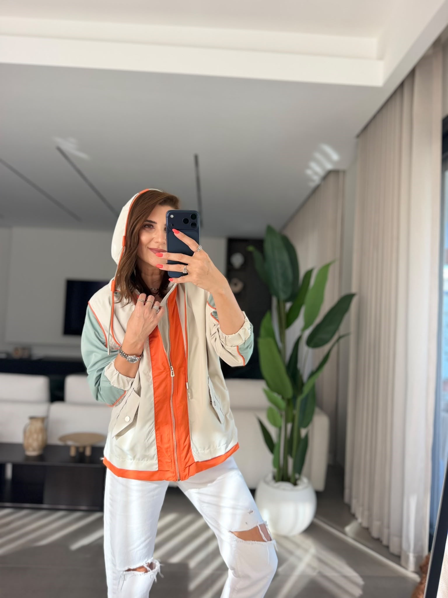 Haki Color Block Kapşonlu Yağmurluk