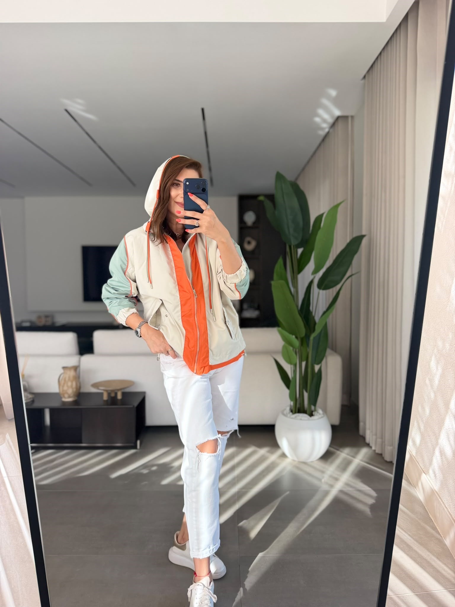 Haki Color Block Kapşonlu Yağmurluk