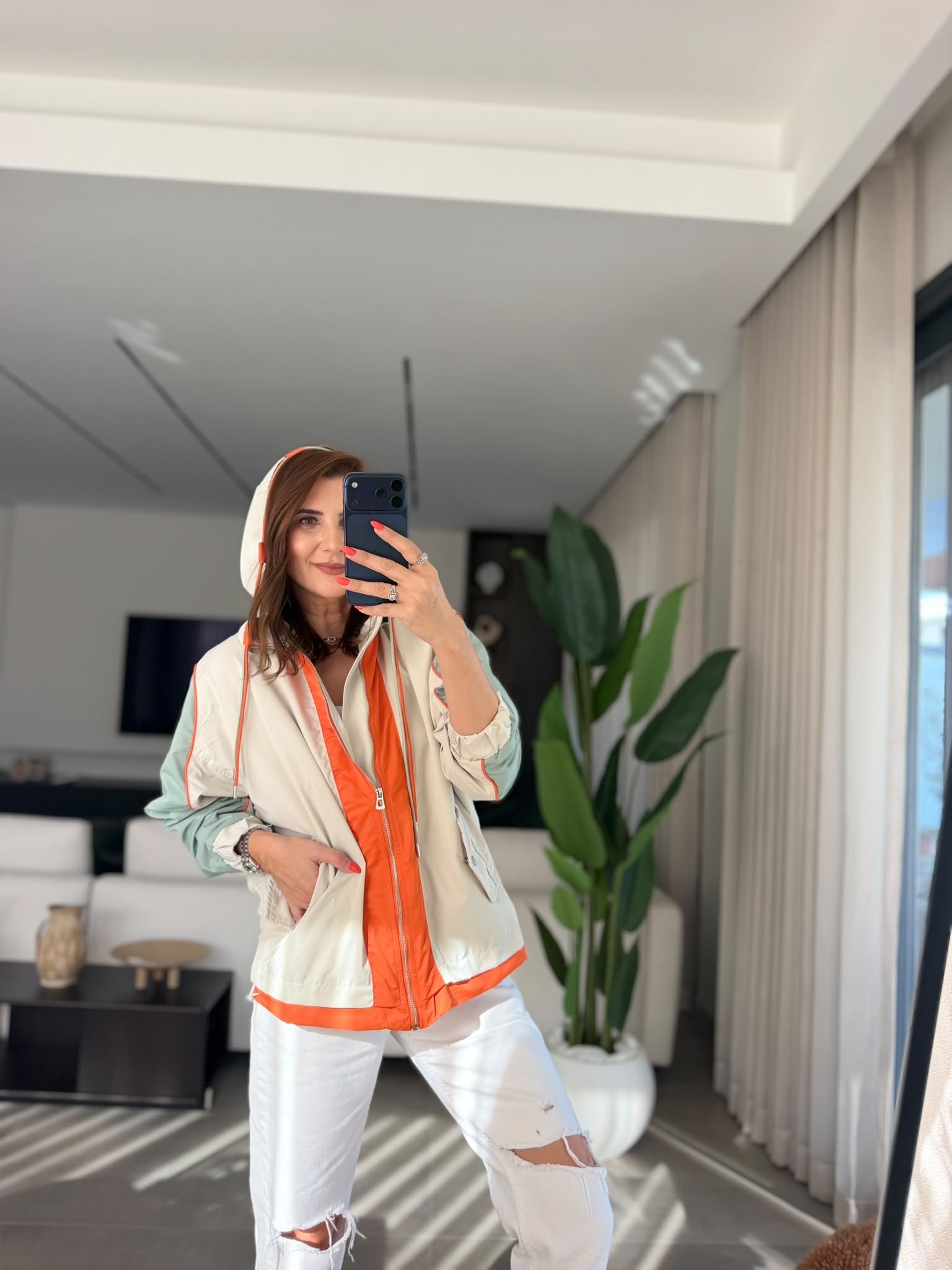 Haki Color Block Kapşonlu Yağmurluk