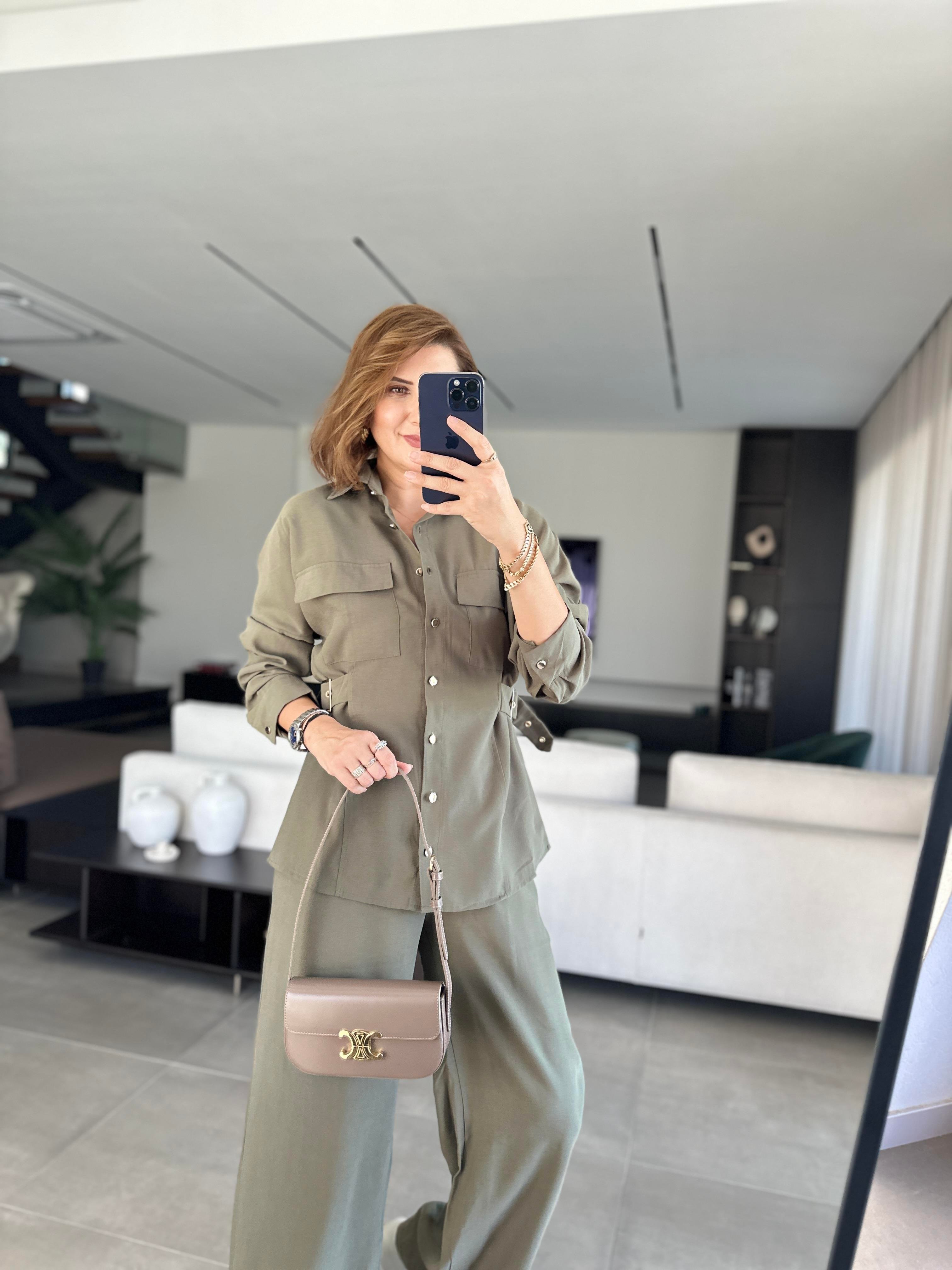 Haki Gömleği Tokalı Tencel Pantolonlu Takım