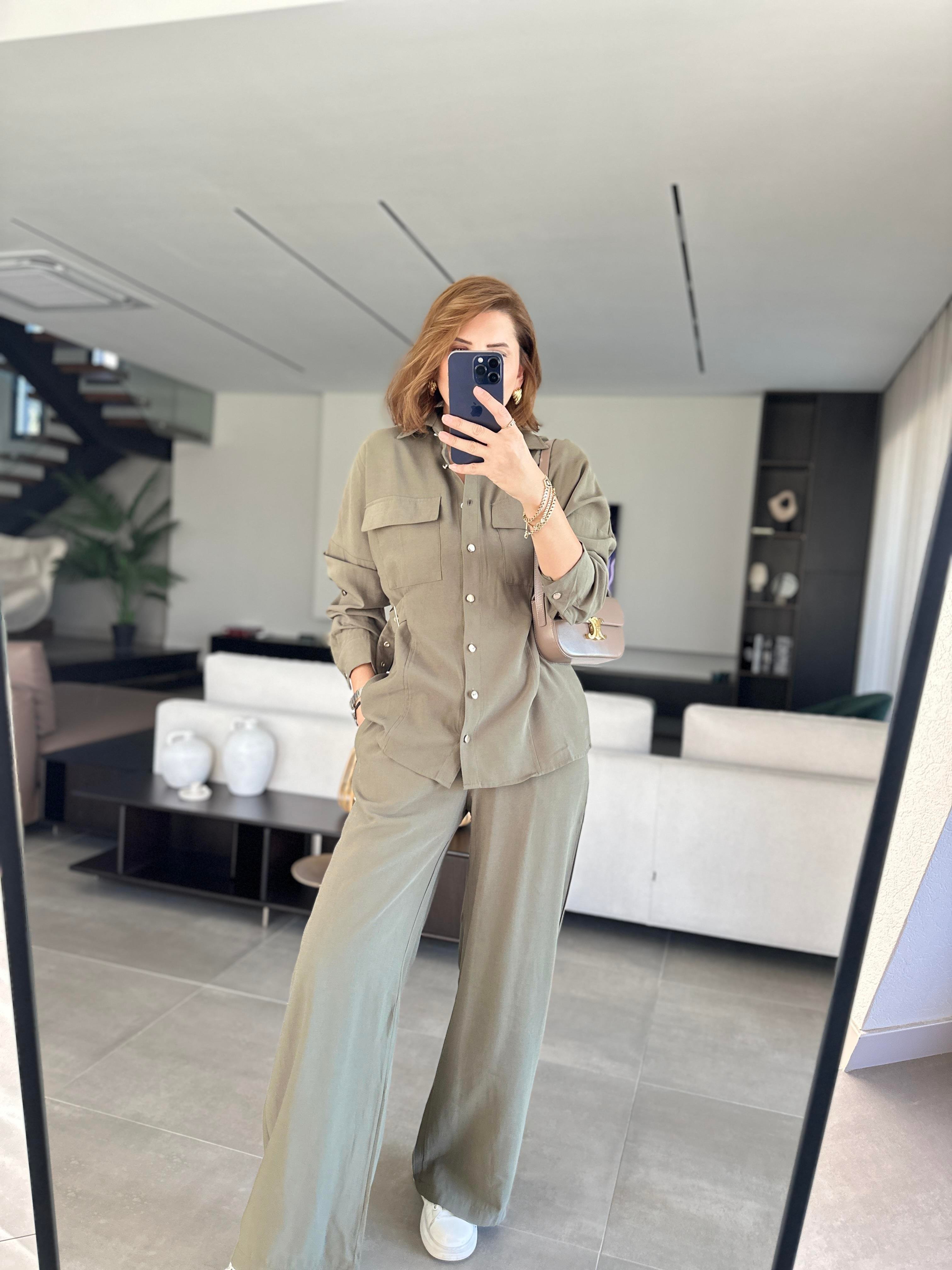 Haki Gömleği Tokalı Tencel Pantolonlu Takım
