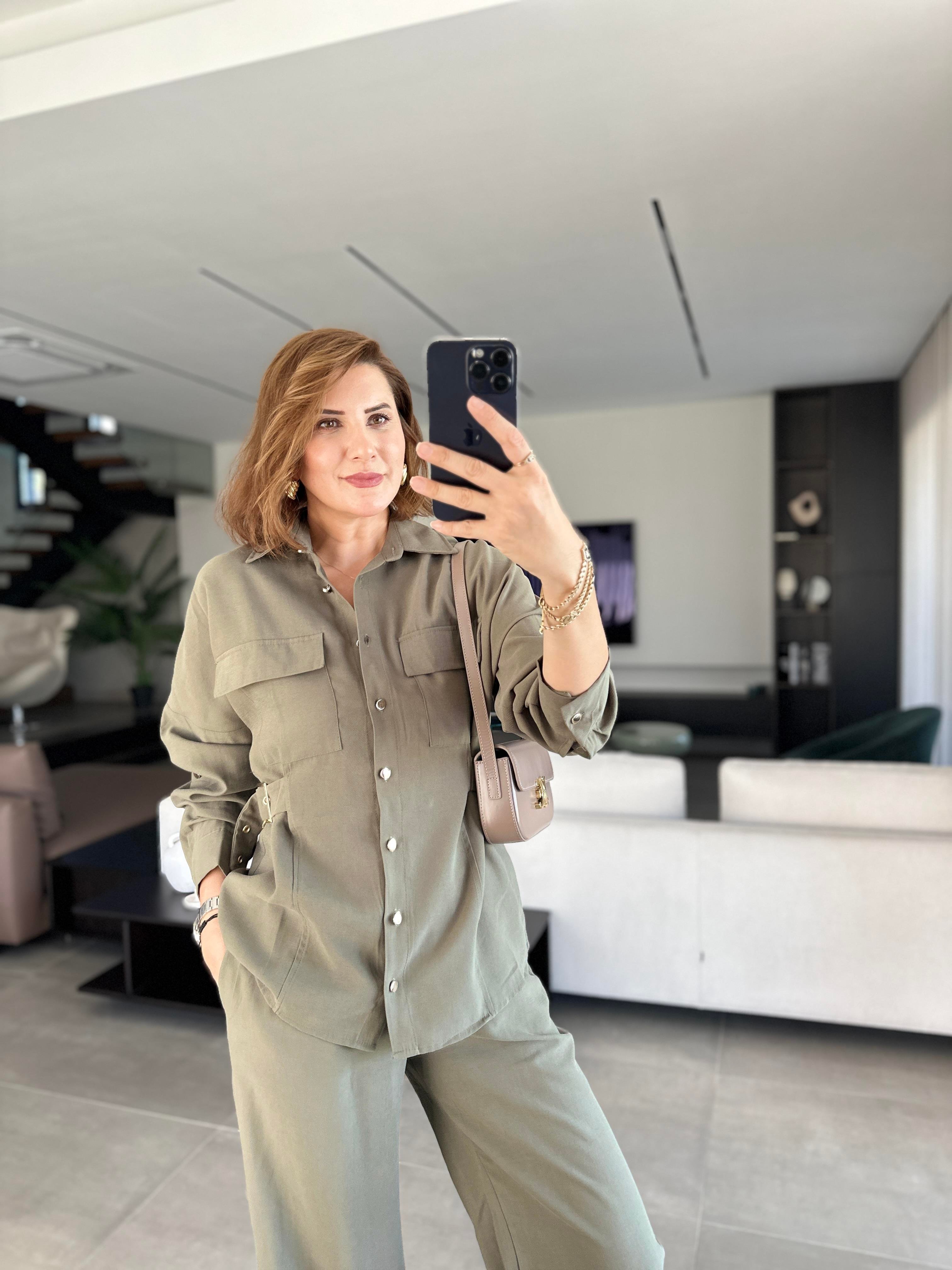 Haki Gömleği Tokalı Tencel Pantolonlu Takım